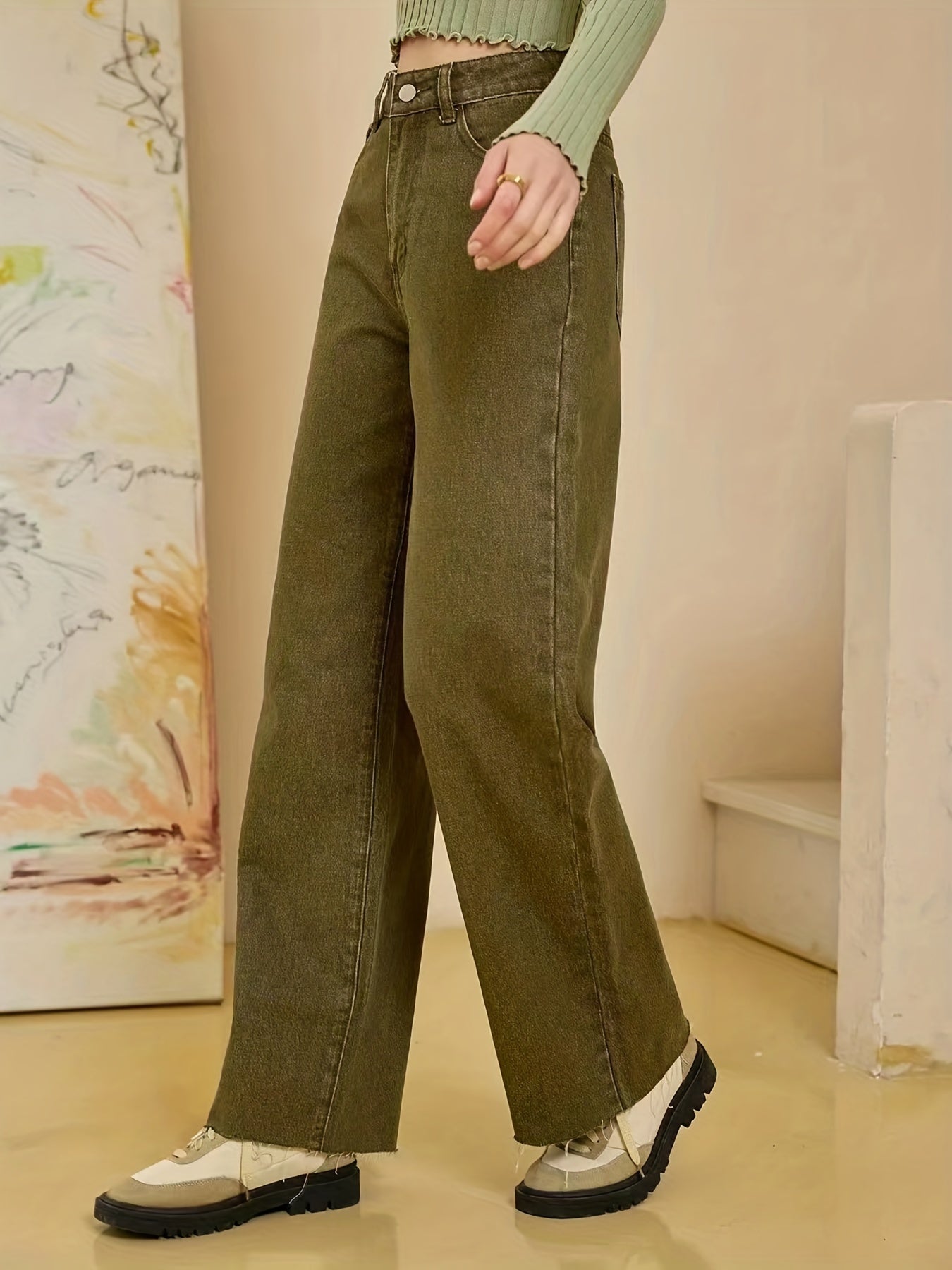 Sixsr Olive Green Frayed Hem Jeans, Solid Color Slant Pocket Straight Leg Denim Pants, Women's Denim Jeans & Clothing