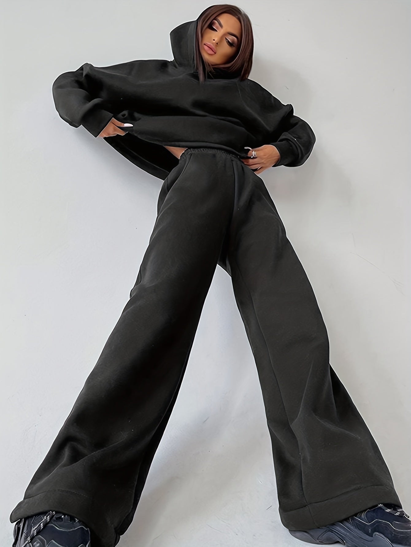 Sixsr Solid Casual Two-piece Set, Long Sleeve Loose Hoodies & Long Length Pants Outfits, Women's Clothing