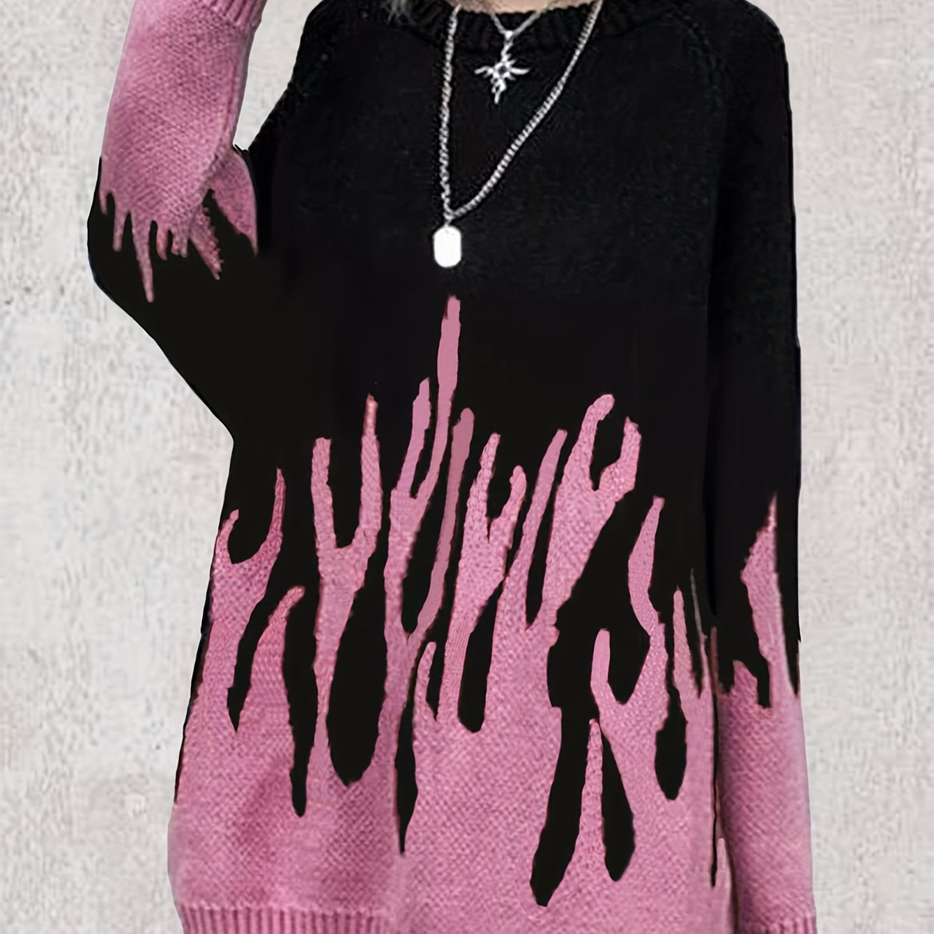 Flame Pattern Sweater Dress, Casual Crew Neck Long Sleeve Dress, Women's Clothing