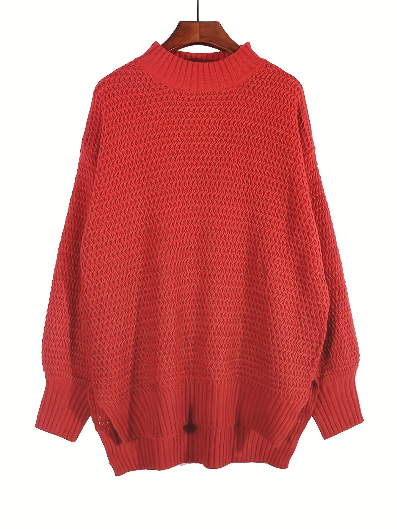Sixsr Plus Size Casual Sweater, Women's Plus Solid Long Sleeve Round Neck Split Hem Medium Stretch Sweater