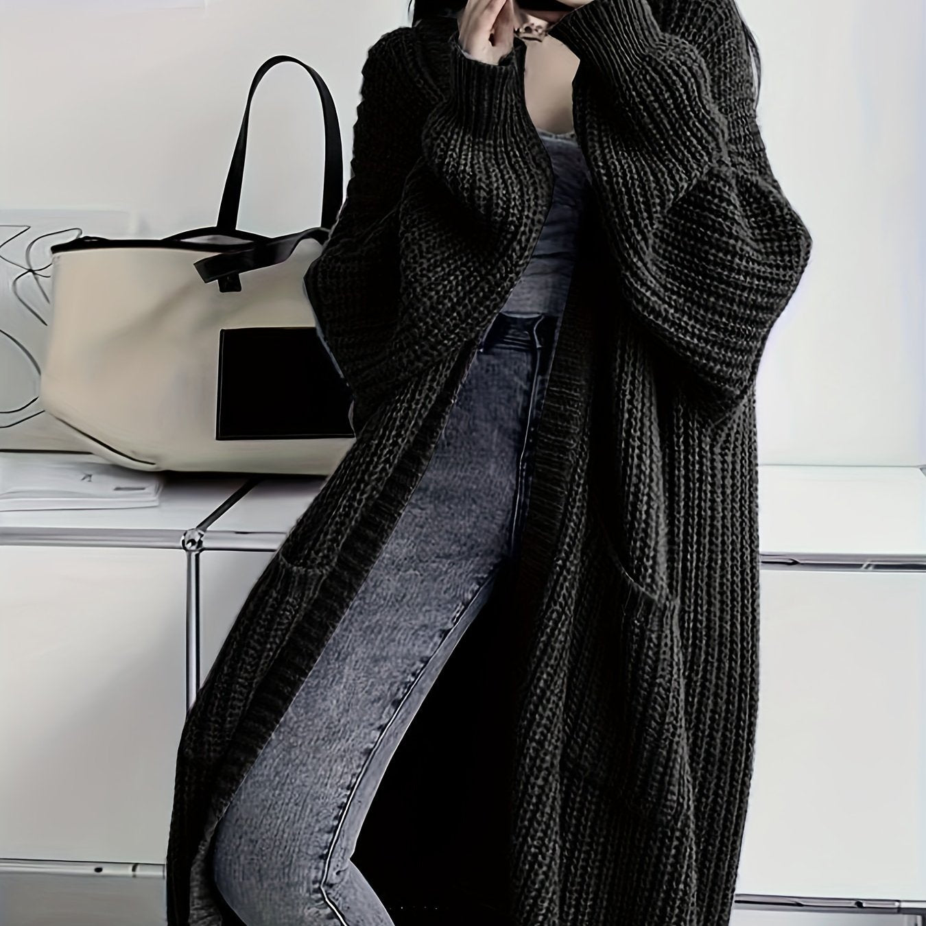 Sixsr Solid Open Front Loose Knit Cardigan, Casual Long Sleeve Long Length Sweater With Pocket, Women's Clothing