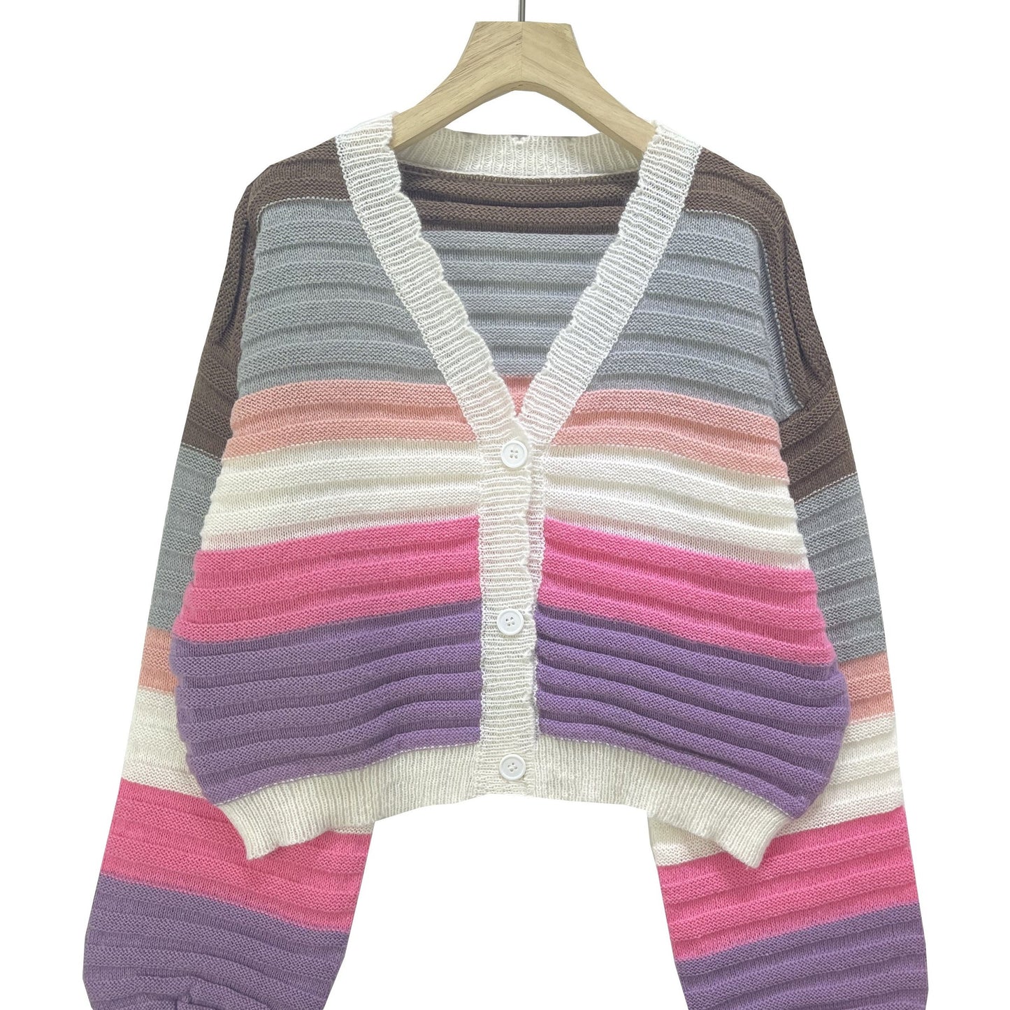 Sixsr Striped Button Up Scallop Trim Cardigan, Casual Long Sleeve Sweater For Spring & Fall, Women's Clothing