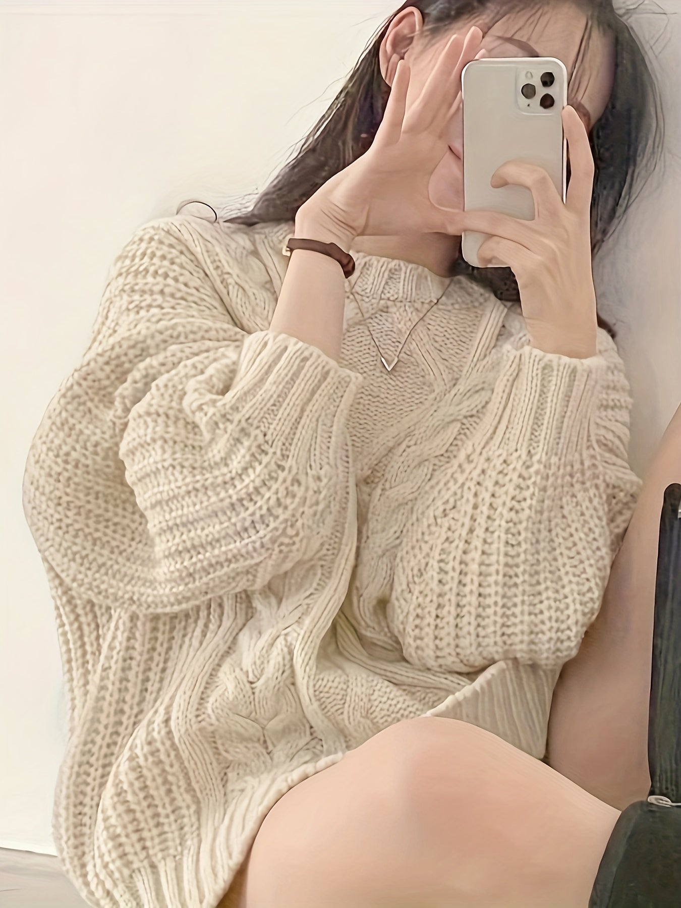 Sixsr Solid Cable Crew Neck Pullover Sweater, Elegant Long Sleeve Drop Shoulder Sweater, Women's Clothing