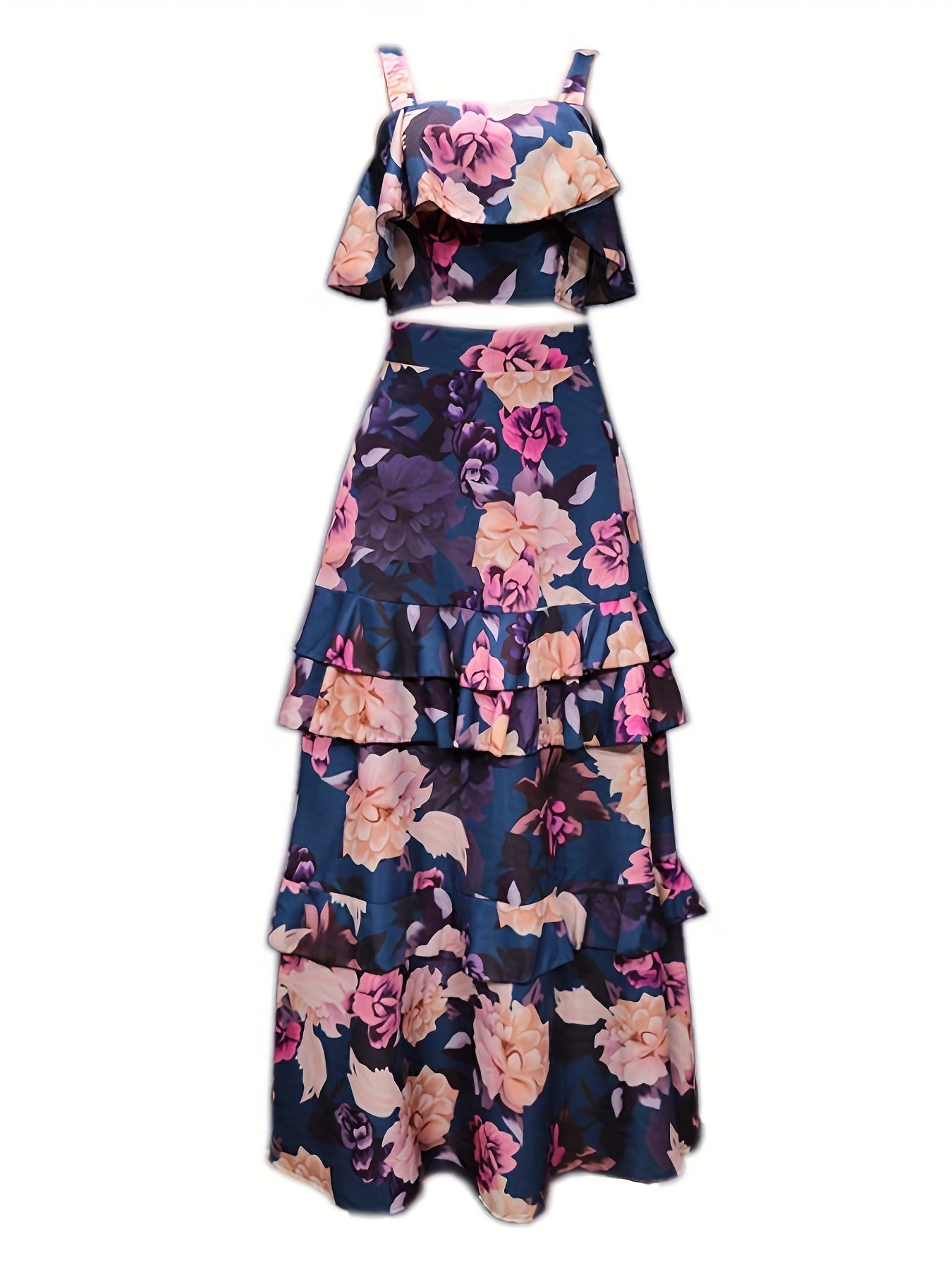 Floral Print Two-piece Skirt Set, Crop Tank Top & Layered Skirt Outfits, Women's Clothing