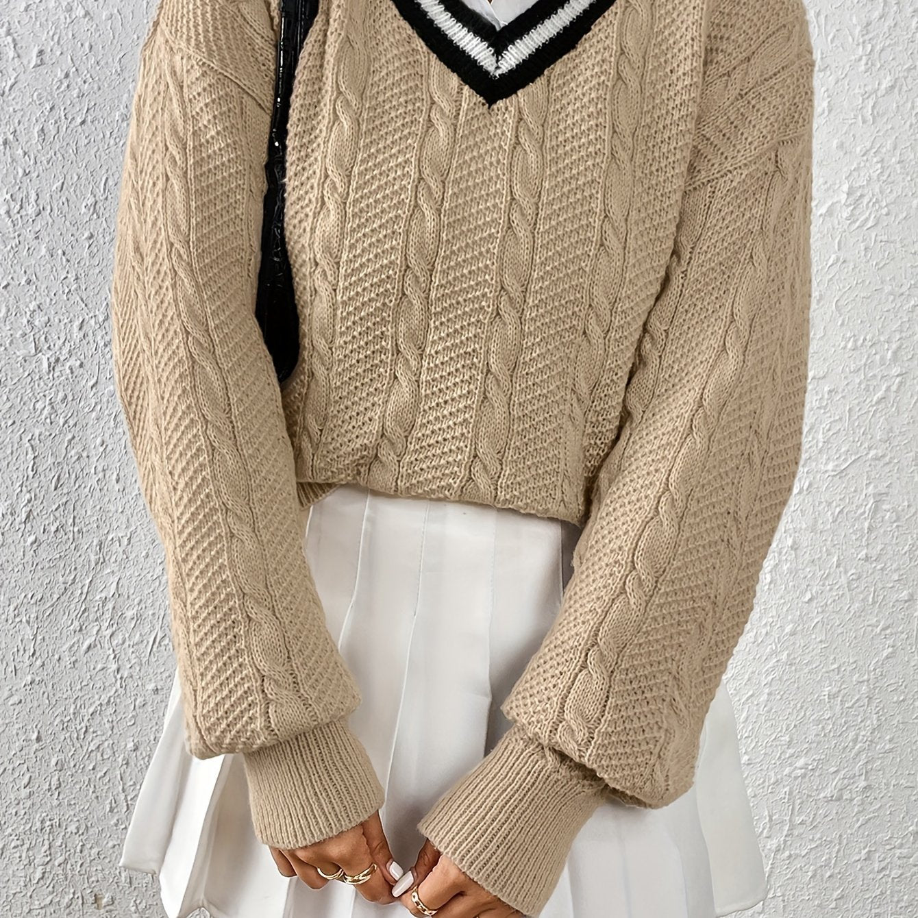 Sixsr Cable Knit V Neck Pullover Sweater, Casual Long Sleeve Loose Sweater, Women's Clothing