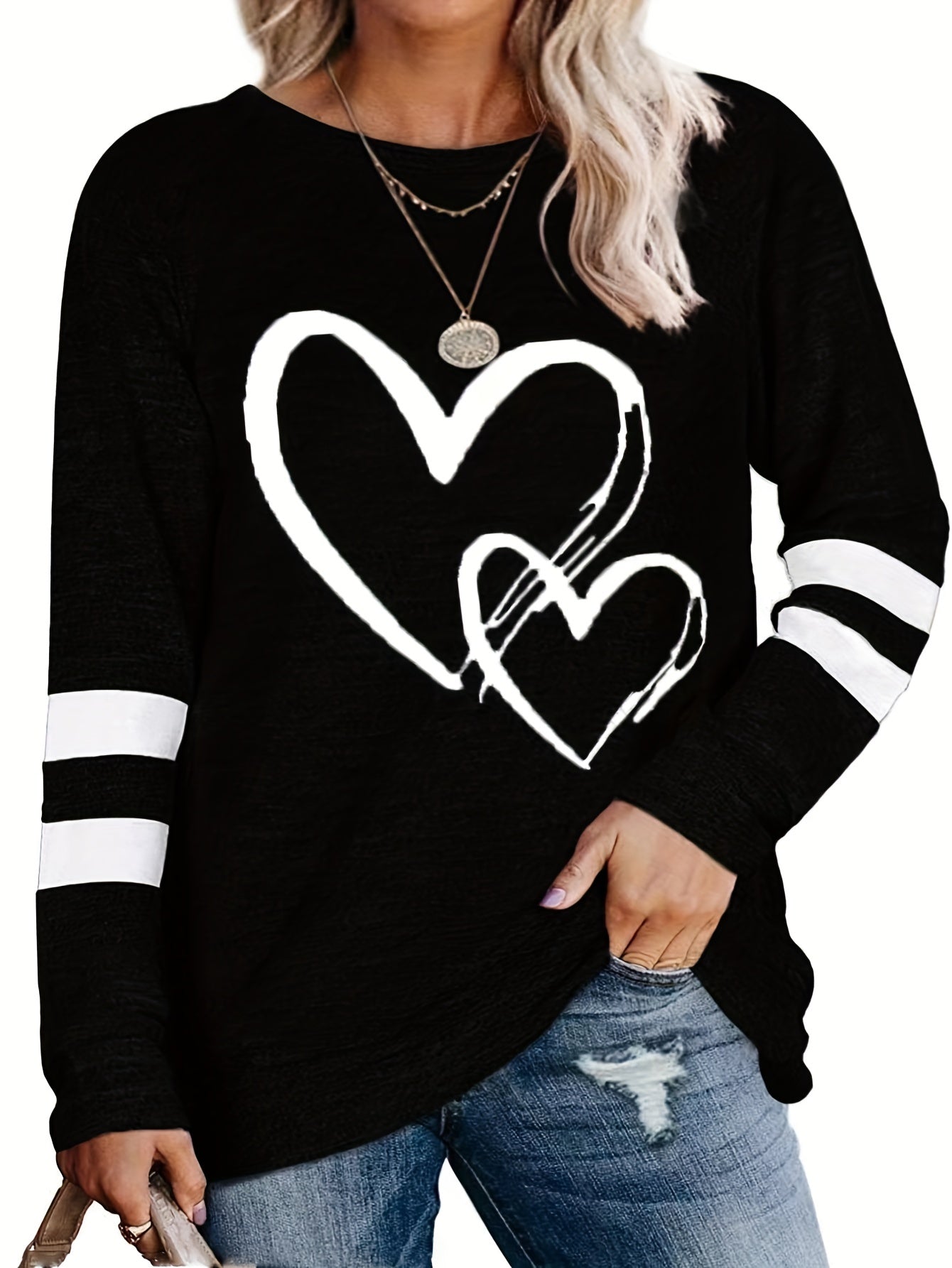 Sixsr Plus Size Casual Sweatshirt, Women's Plus Heart & Stripe Print Long Sleeve Crew Neck Slight Stretch Pullover Sweatshirt, Casual Tops For Fall & Winter, Plus Size Women's Clothing