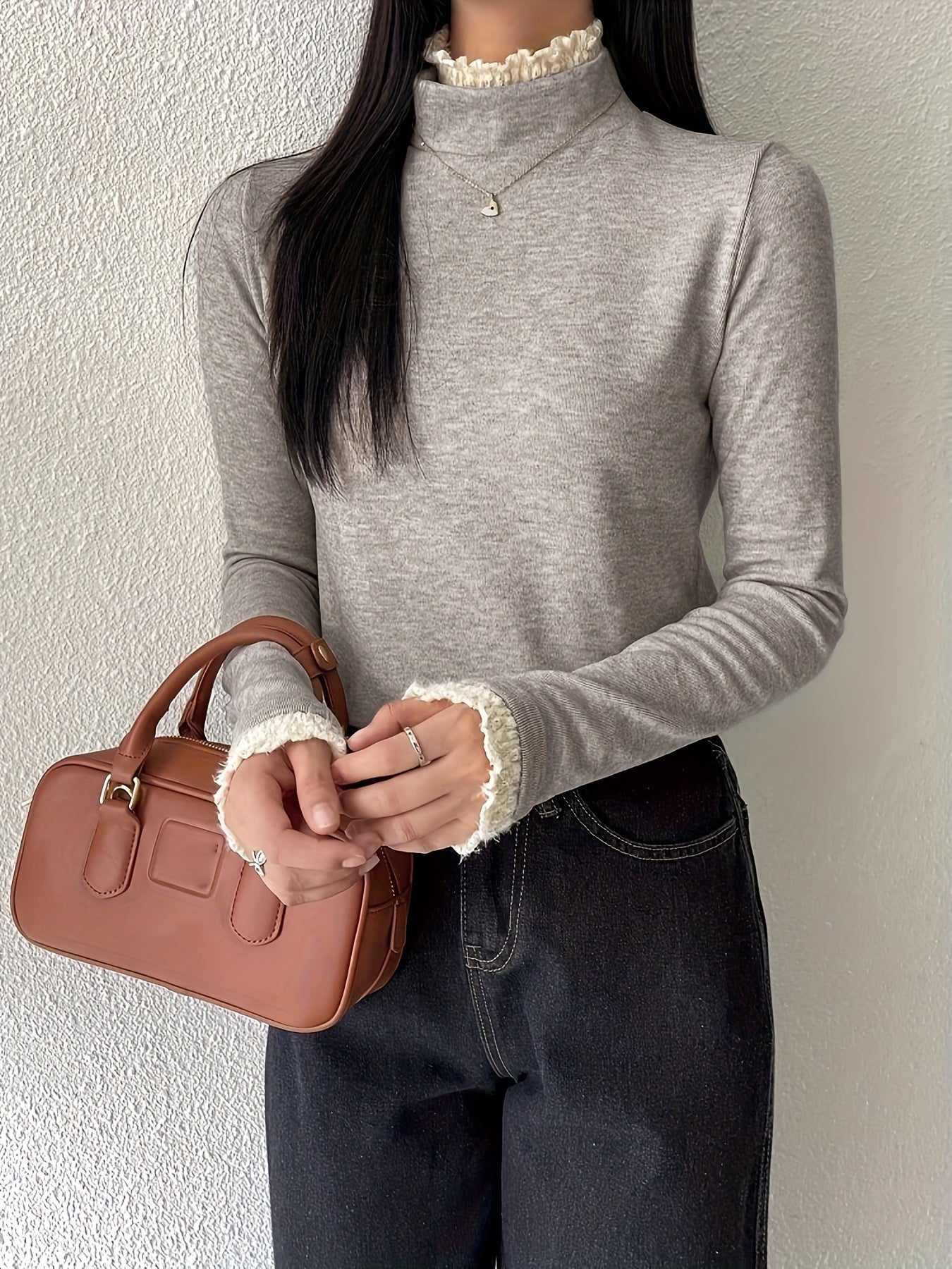 Sixsr Contrast Lace Mock Neck T-Shirt, Casual Long Sleeve T-Shirt For Spring & Fall, Women's Clothing