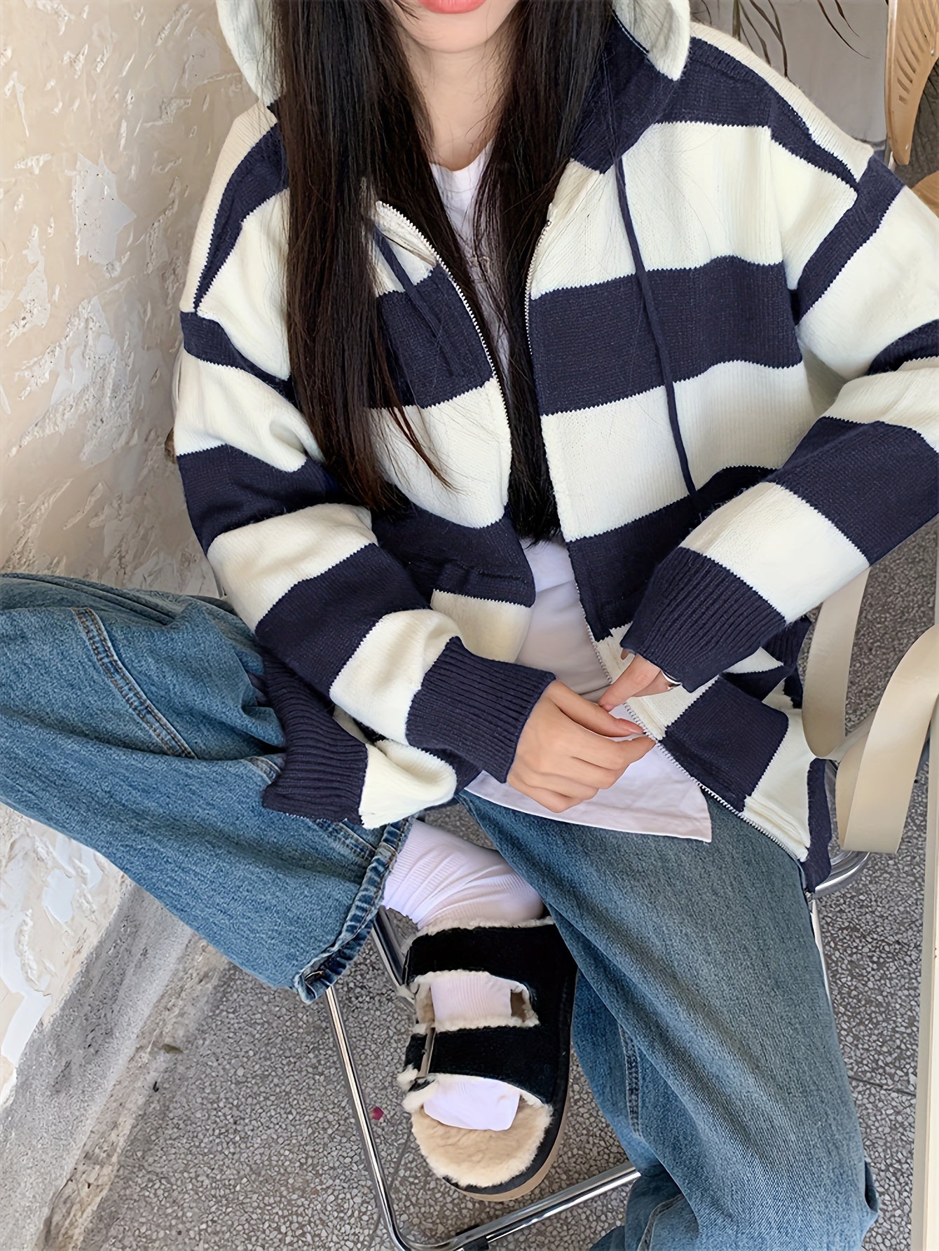 Sixsr Striped Zip Up Drawstring Hooded Sweater, Casual Long Sleeve Loose Sweater With Pocket, Women's Clothing