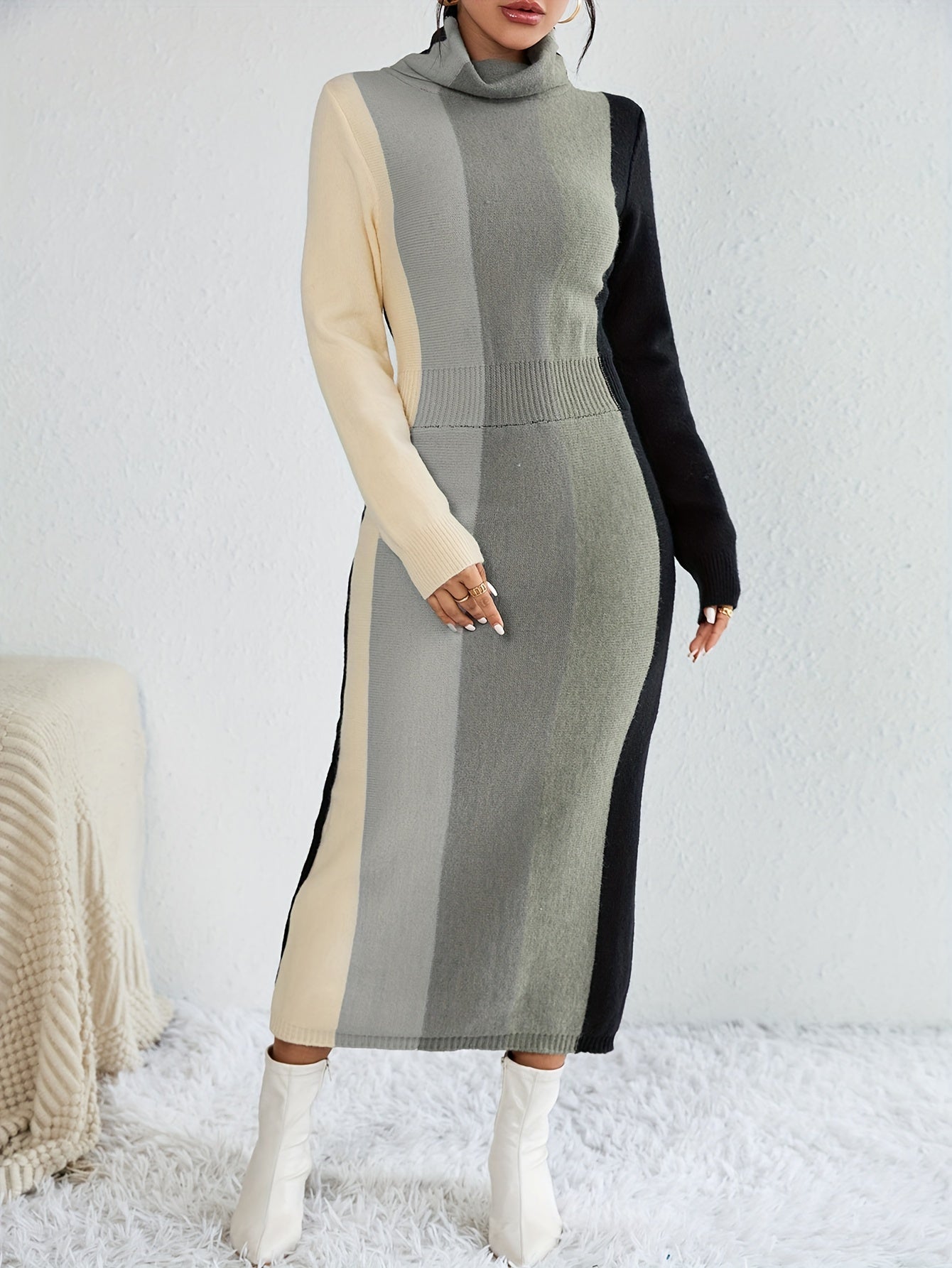 Sixsr Color Block Rib Knit Dress, Casual High Neck Long Sleeve Midi Dress, Women's Clothing