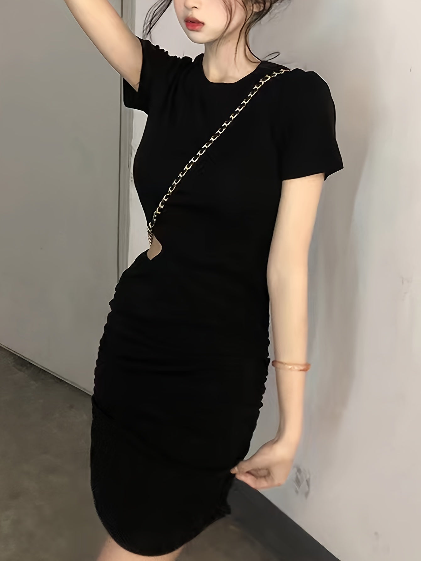 Sixsr Solid Cut Out Ruched Dress, Casual Short Sleeve Dress For Spring & Summer, Women's Clothing