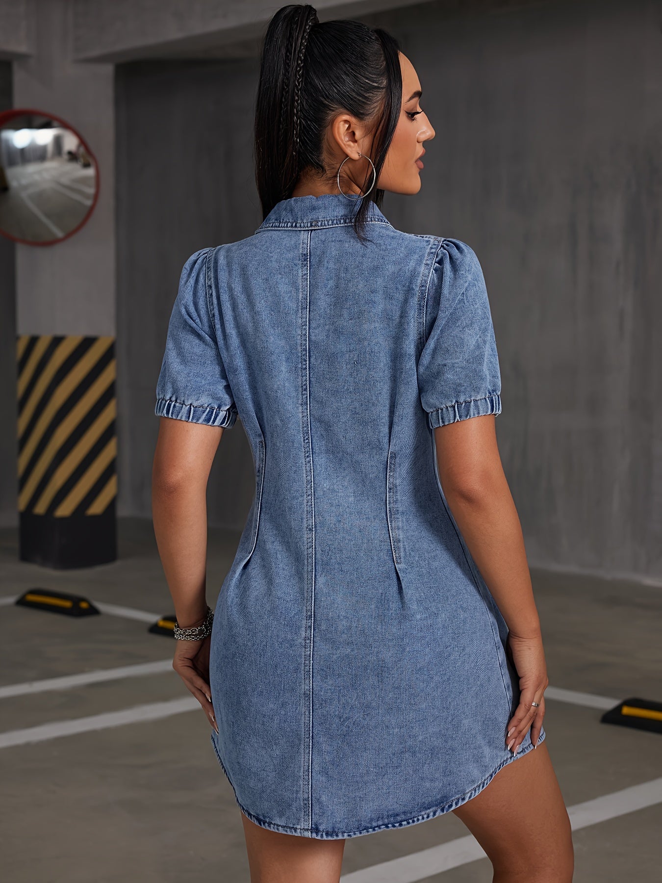 Sixsr Blue Short Sleeves Denim Dress, Single Breasted Button Elegant Lapel Denim Dress, Women's Denim Clothing