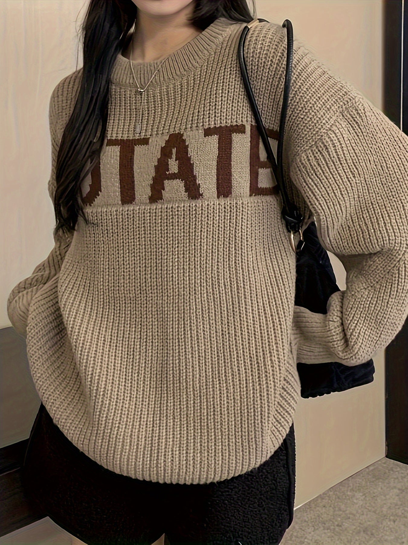 Sixsr Letter Pattern Crew Neck Pullover Sweater, Casual Long Sleeve Drop Shoulder Sweater, Women's Clothing