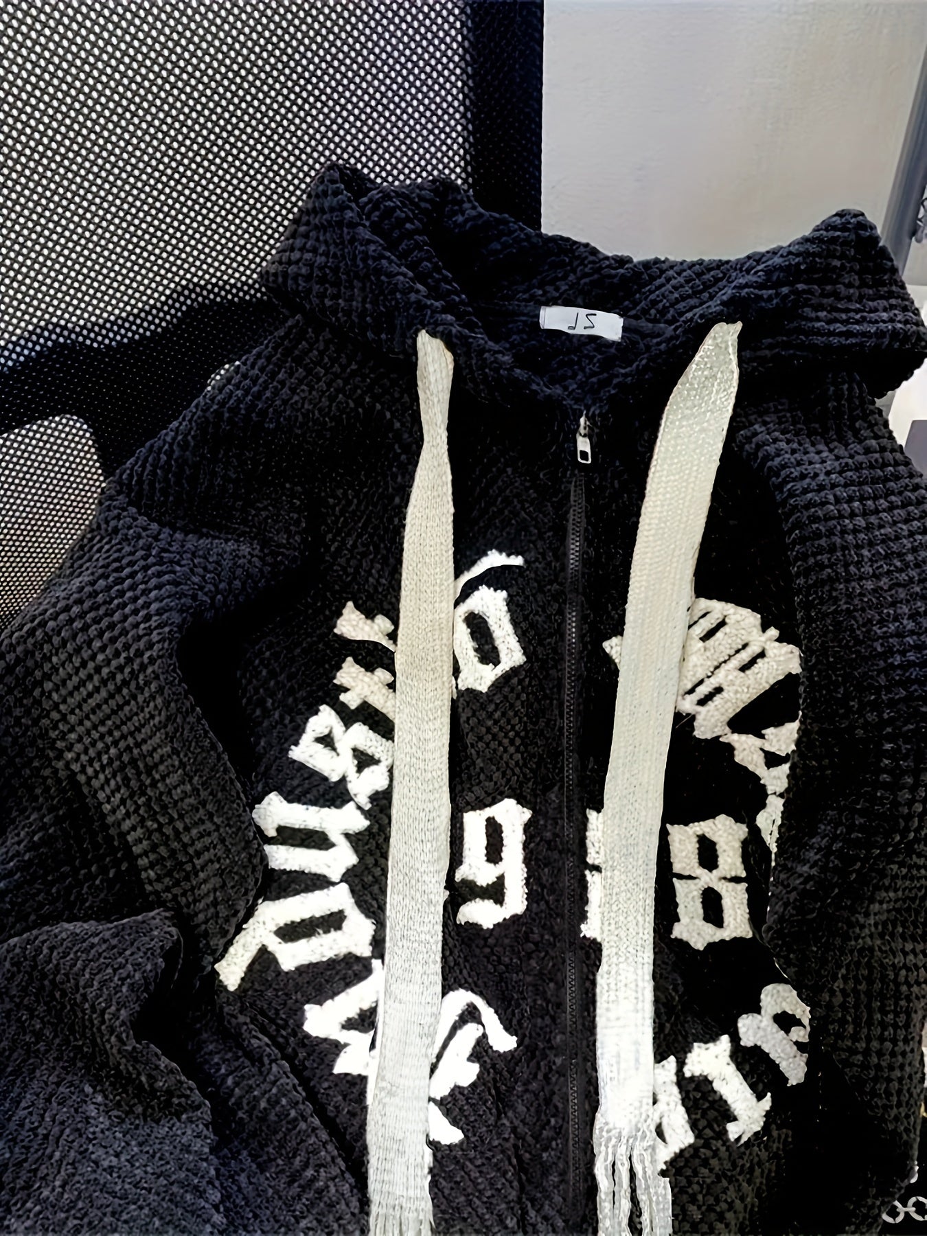 Sixsr Slogan Print Zip-up Textured Hoodie, Casual Long Sleeve Drawstring Hoodie Outerwear, Women's Clothing