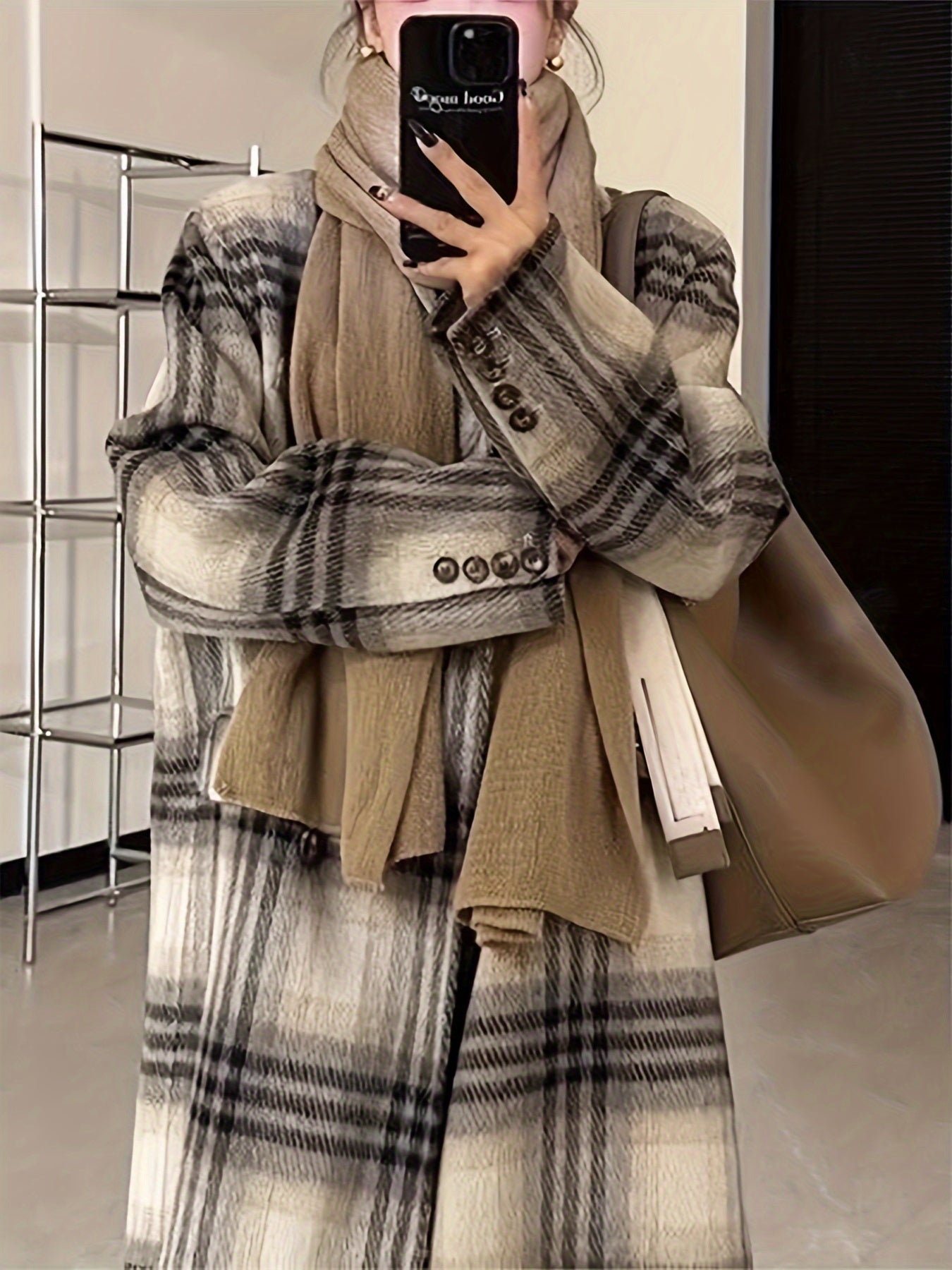 Sixsr Plaid Print Double-breasted Coat, Casual Long Sleeve Notched Collar Coat For Fall & Winter, Women's Clothing