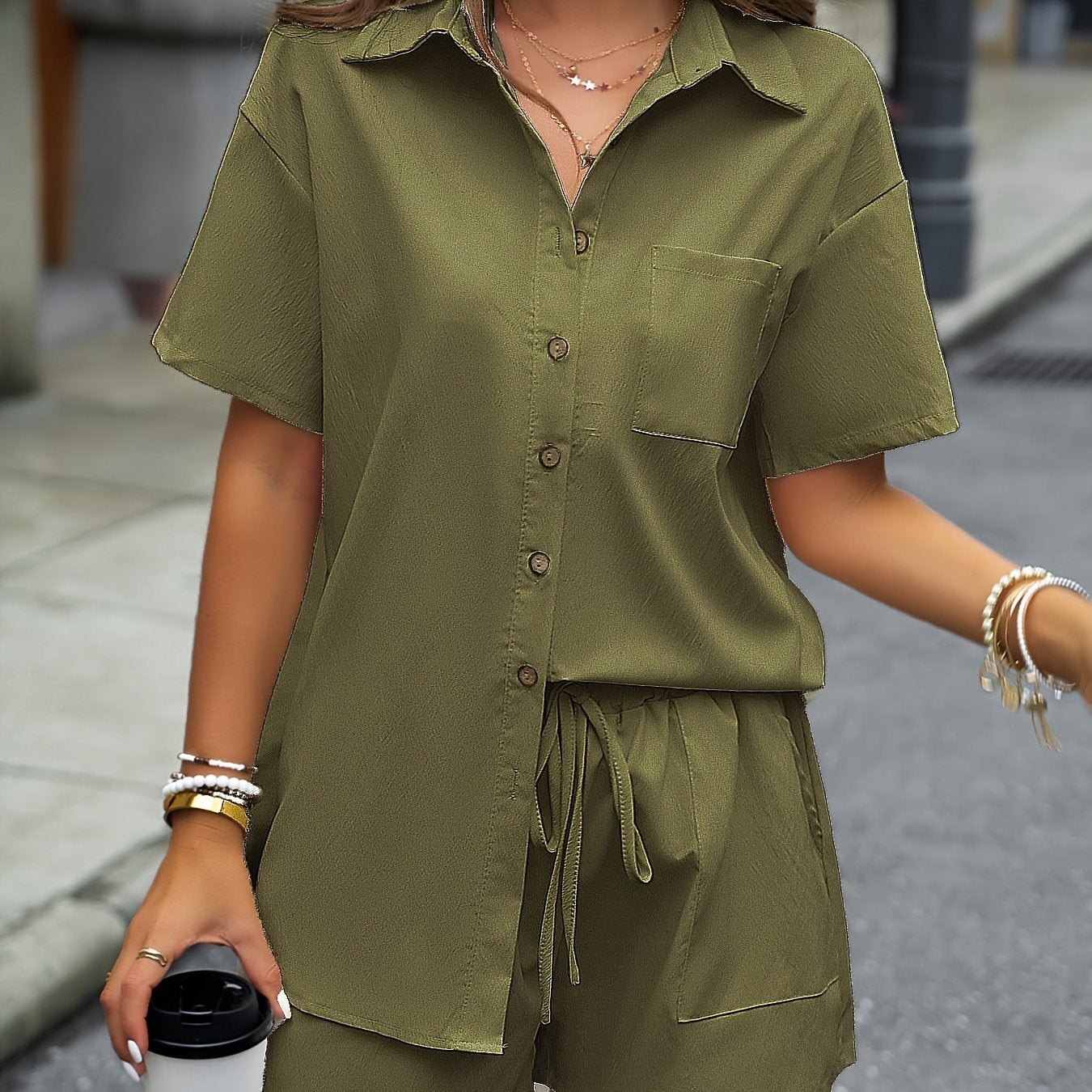 Sixsr Solid Casual Two-piece Set, Button Front Turn Down Collar Mid Length Shirt & Drawstring Elastic Waist Shorts Outfits, Women's Clothing