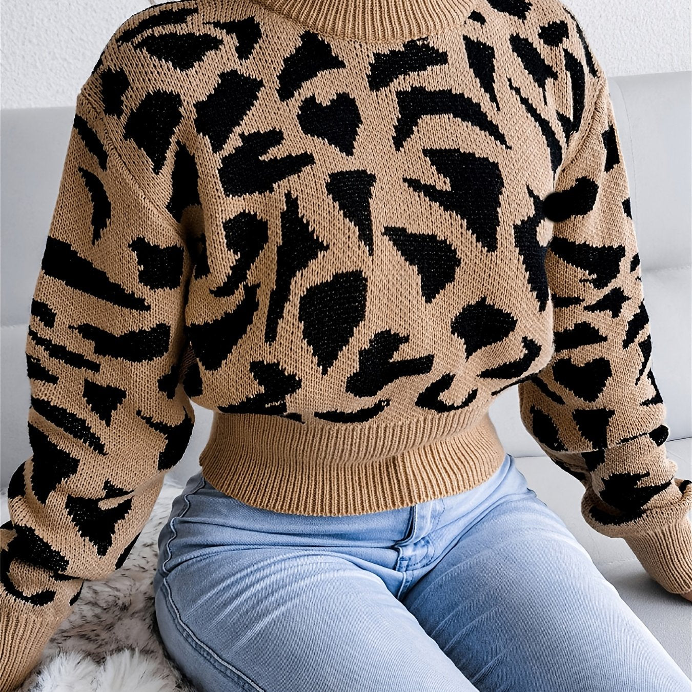 Sixsr Leopard Print Crop Sweater, Casual Crew Neck Long Sleeve Sweater, Casual Tops For Fall & Winter, Women's Clothing