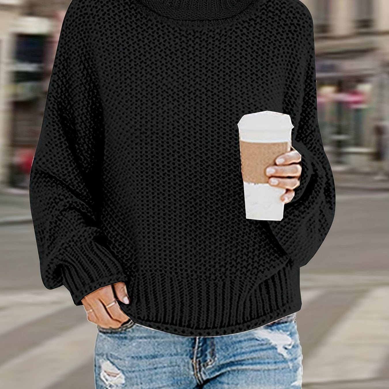 Sixsr Plus Size Casual Sweater, Women's Plus Solid Long Sleeve Turtle Neck Medium Stretch Sweater