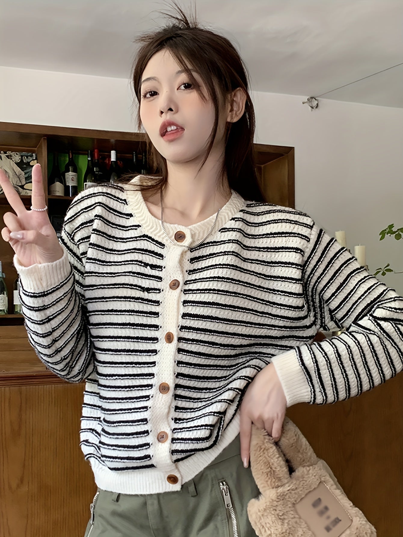 Sixsr Striped Button Down Knit Cardigan, Casual Long Sleeve Crew Neck Sweater, Women's Clothing