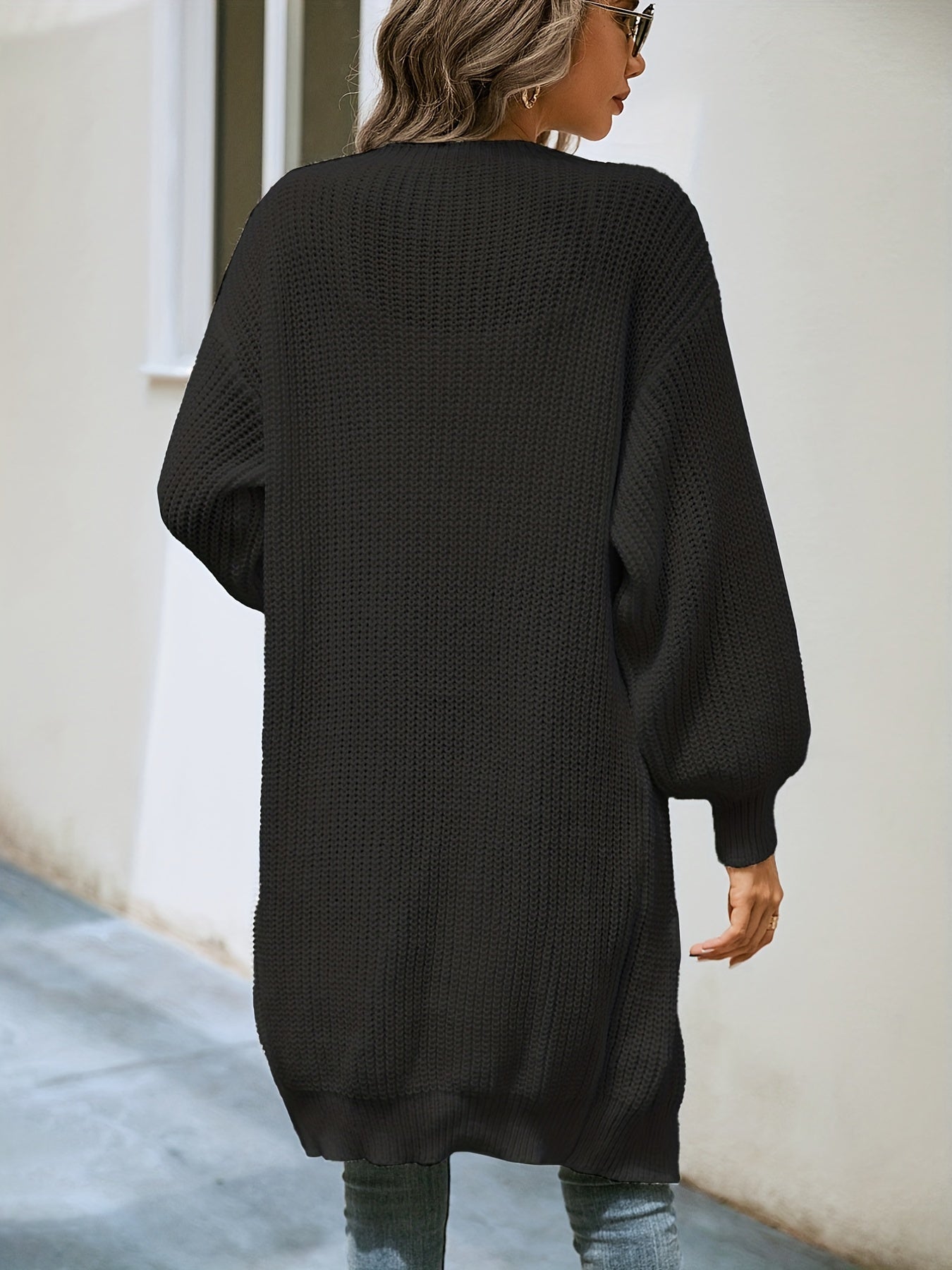 Sixsr Drop Shoulder Solid Knit Cardigan, Open Front Long Sleeve Sweater, Women's Clothing
