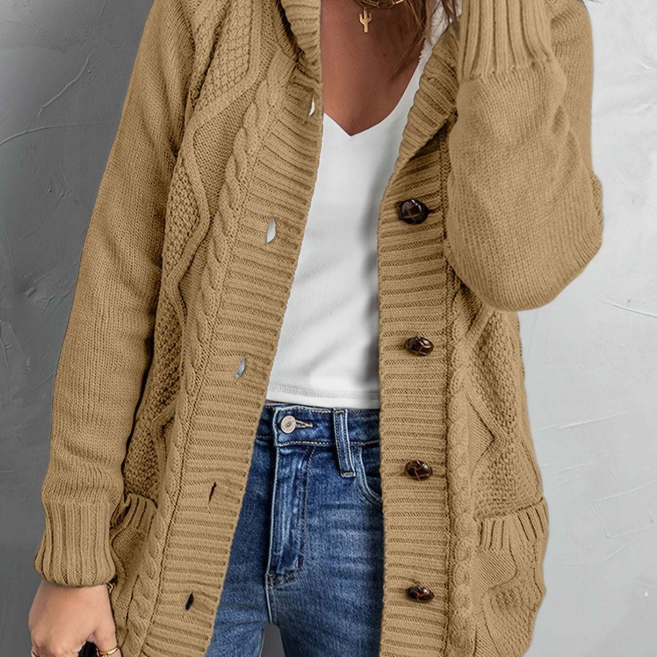 Sixsr Oversized Knit Hoodie, Long Chunky Knit Front Pocket Hooded Cardigan Sweater, Casual Tops For Fall & Winter, Women's Clothing