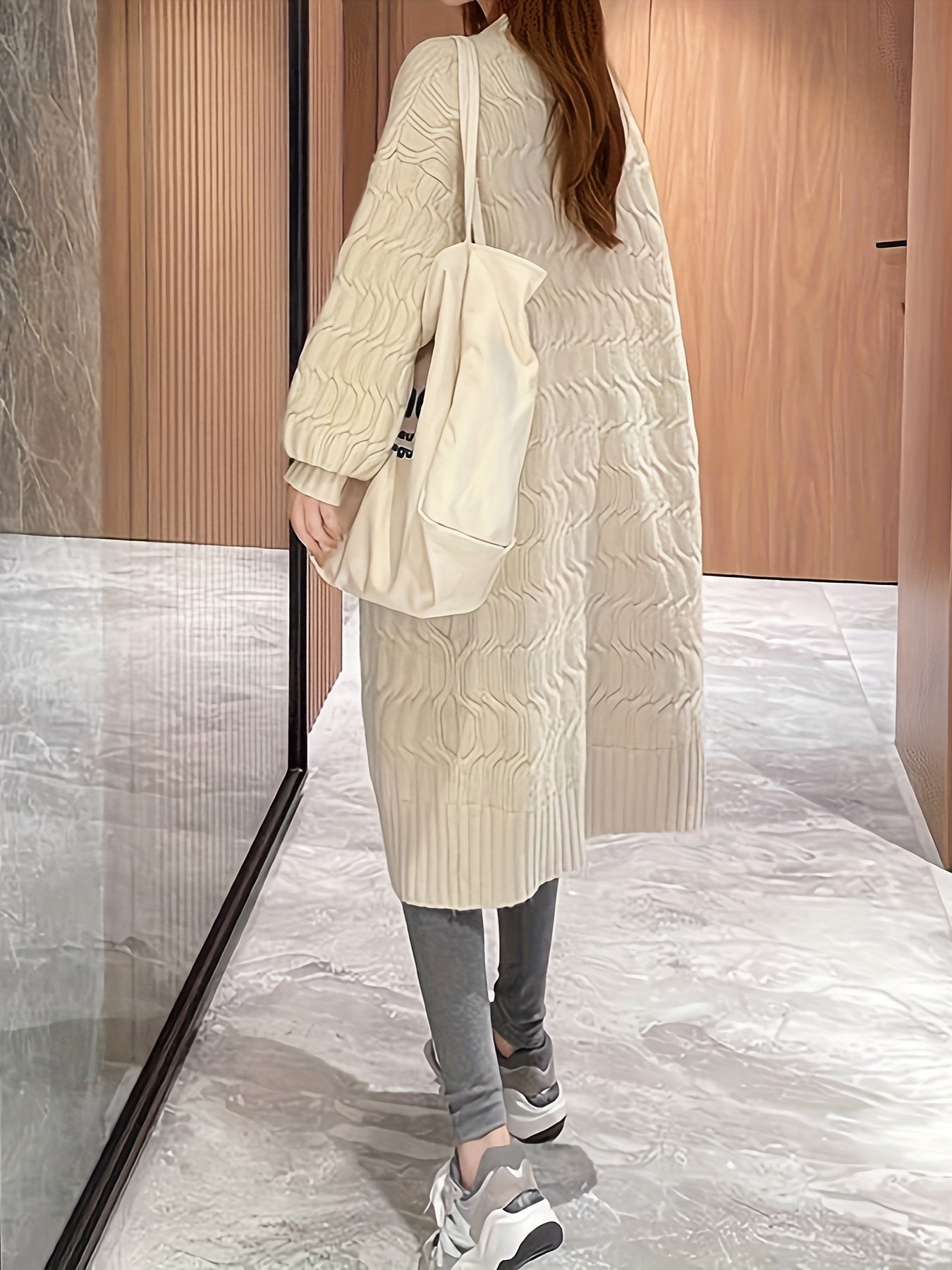 Sixsr Solid Open Front Cable Knit Cardigan, Casual Long Sleeve Warm Sweater Coat With Pocket, Women's Clothing