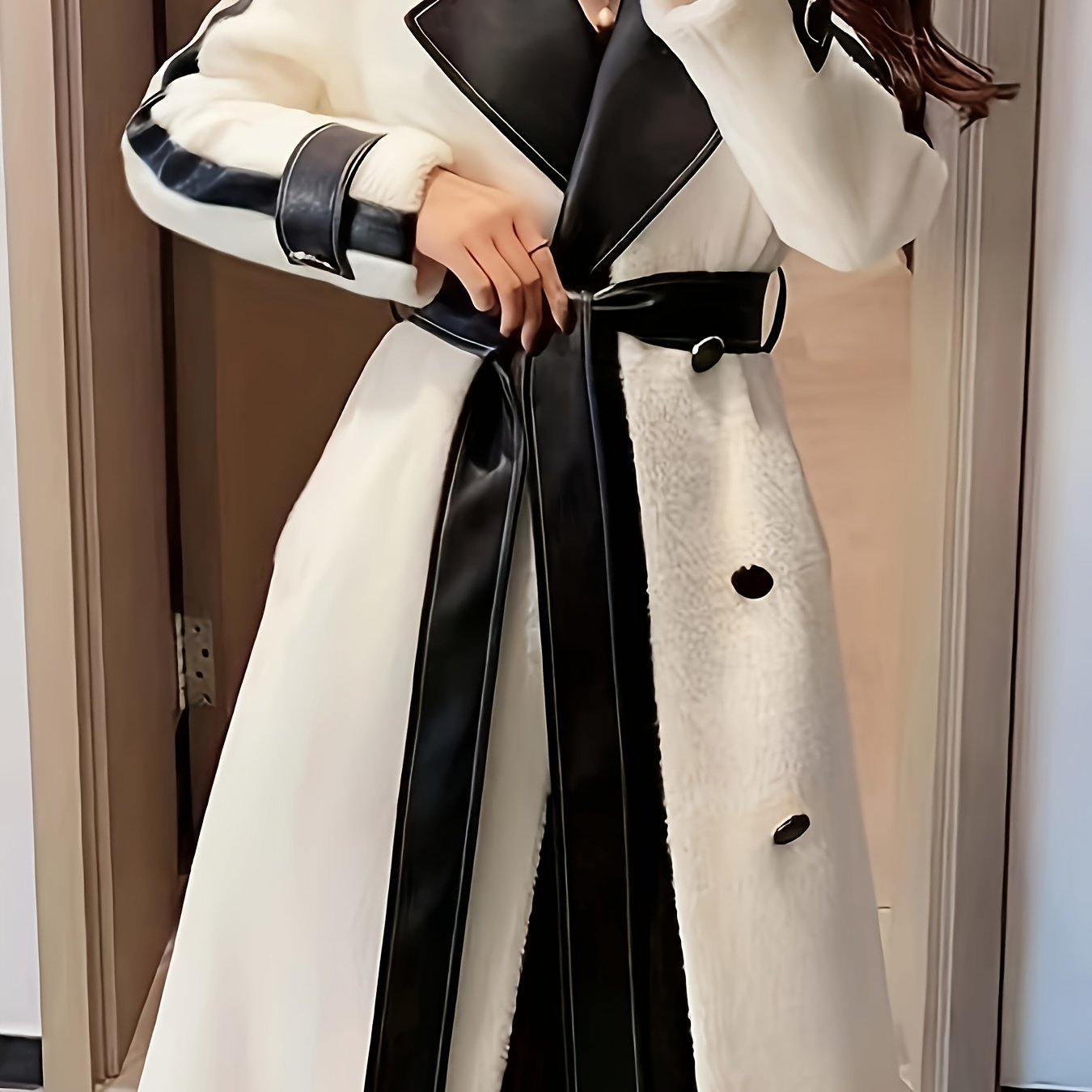Sixsr Color Block Lapel Collar Belted Coat, Elegant Long Sleeve Plush Warm Outerwear, Women's Clothing