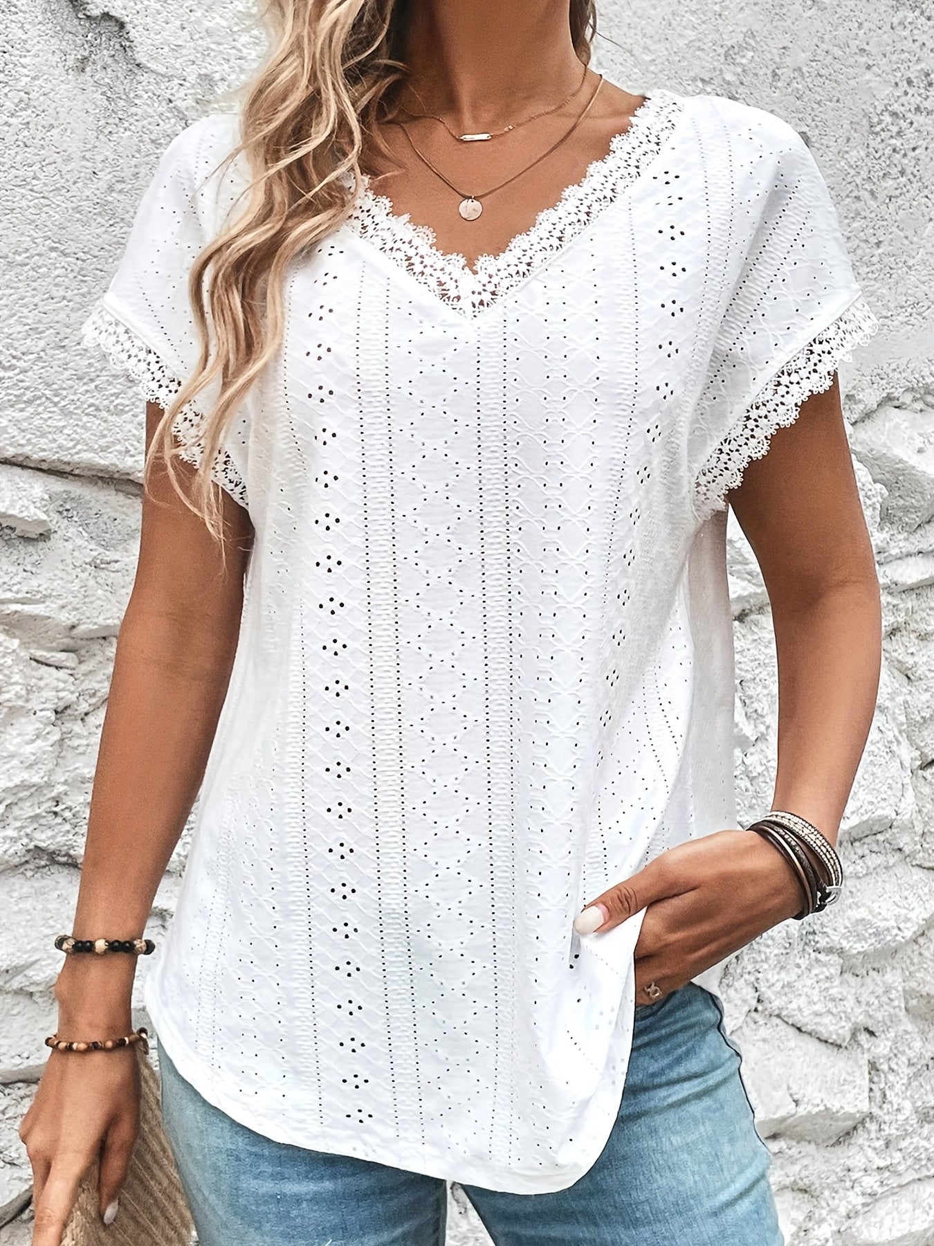 Sixsr Lace Trim Eyelet Blouse, V Neck Loose Casual Top For Spring & Summer, Women's Clothing
