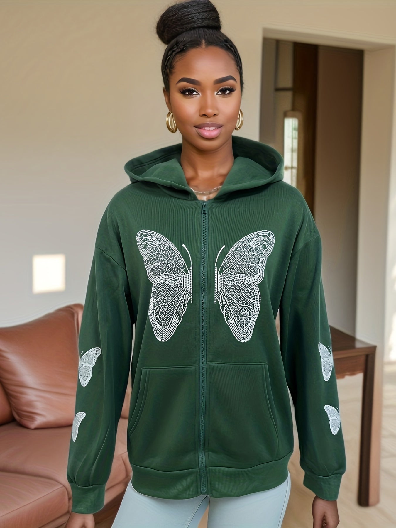 Sixsr Y2K Butterfly Print Sweatshirt, Long Sleeve Crew Neck Zip Up Hoodies Sweatshirts, Casual Tops For Fall & Winter, Women's Clothing