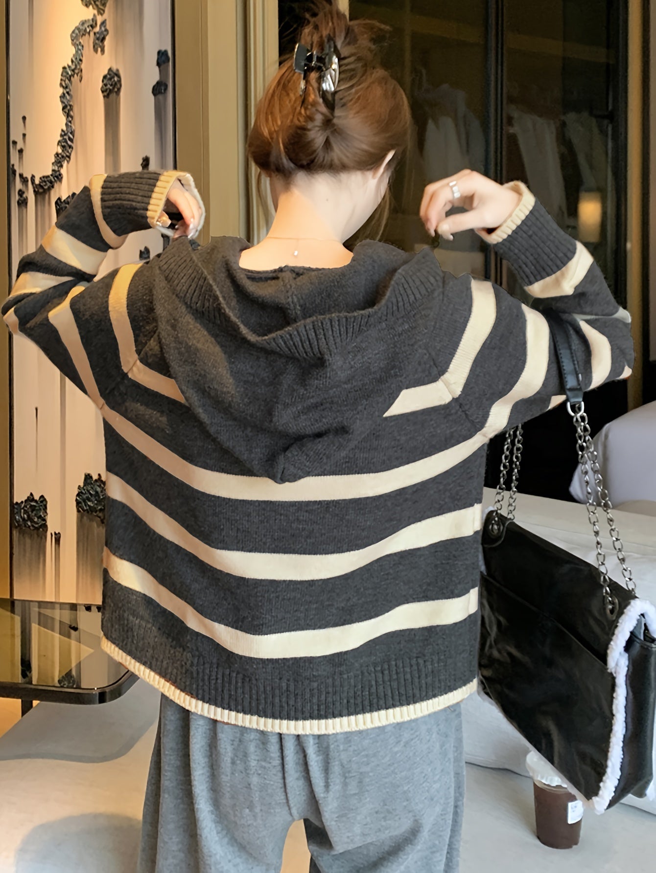 Sixsr Striped Pattern Hooded Sweater, Casual Long Sleeve Sweater For Fall & Winter, Women's Clothing
