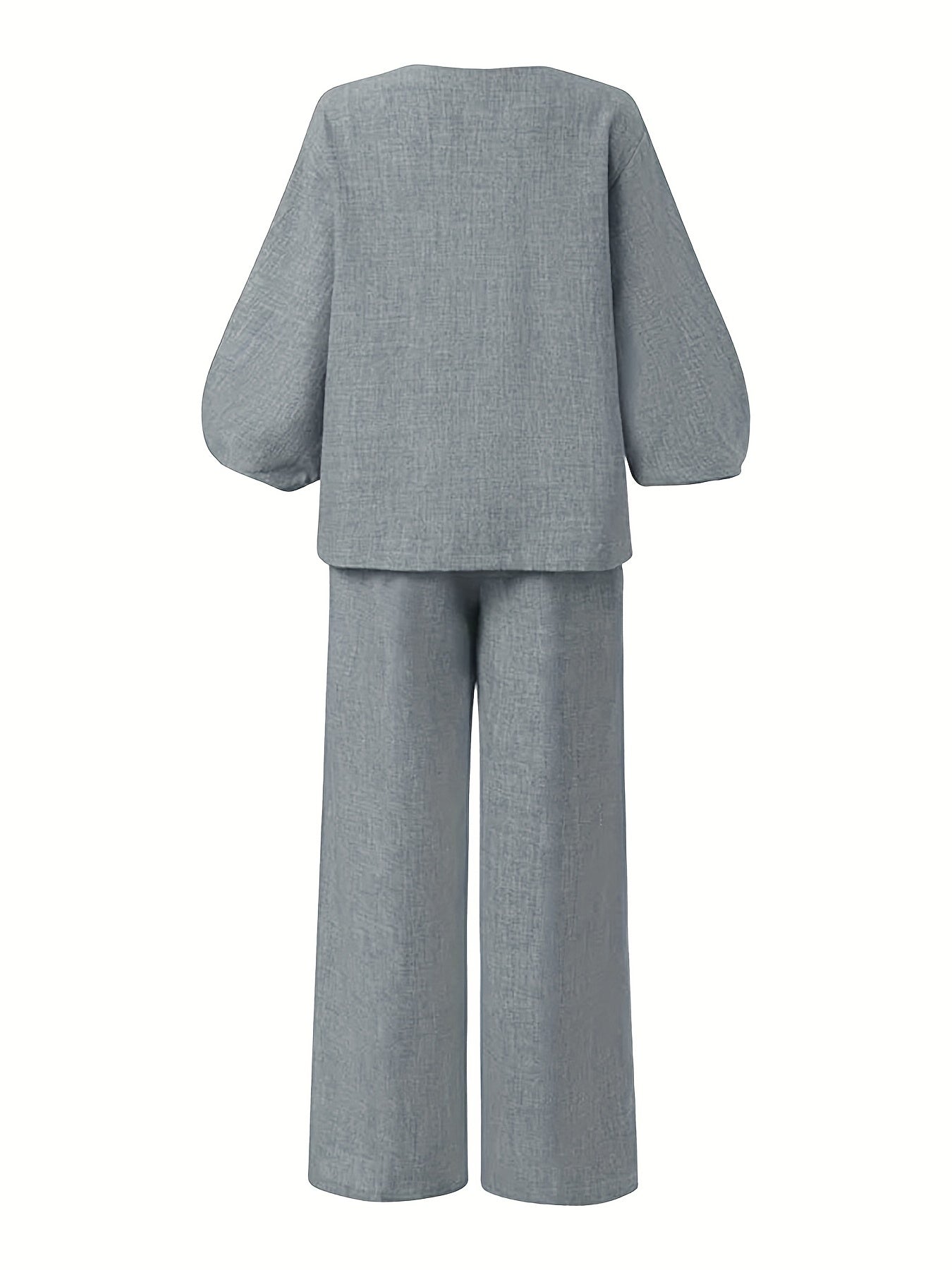 Sixsr Solid Casual Two-piece Set, V Neck Lantern Sleeve Tops & Wide Leg Pants Outfits, Women's Clothing