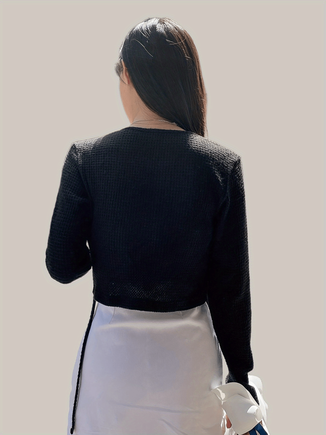 Sixsr Solid Tie Front Crop Knitted Top, Casual Long Sleeve Open Front Top, Women's Clothing