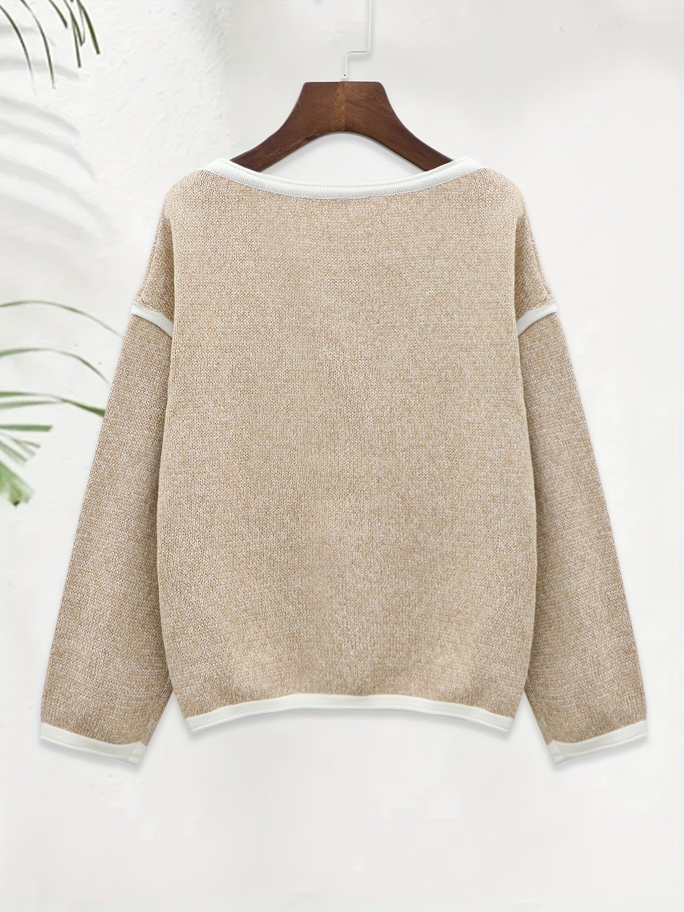Sixsr Contrast Trim Oversized Knit Sweater, Casual Crew Neck Long Sleeve Sweater, Women's Clothing