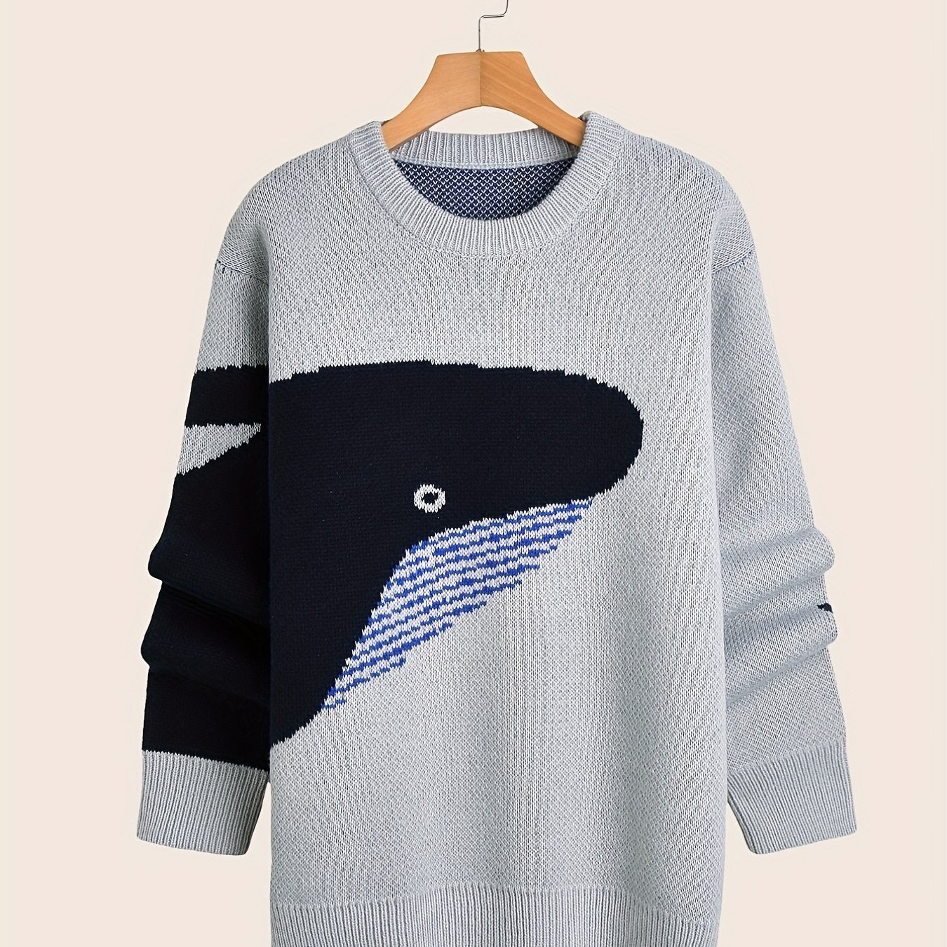 Sixsr Cartoon Whale Print, Loose Fit Warm Sweater, Men's Casual Retro Style Slightly Stretch Crew Neck Pullover Sweater For Fall Winter
