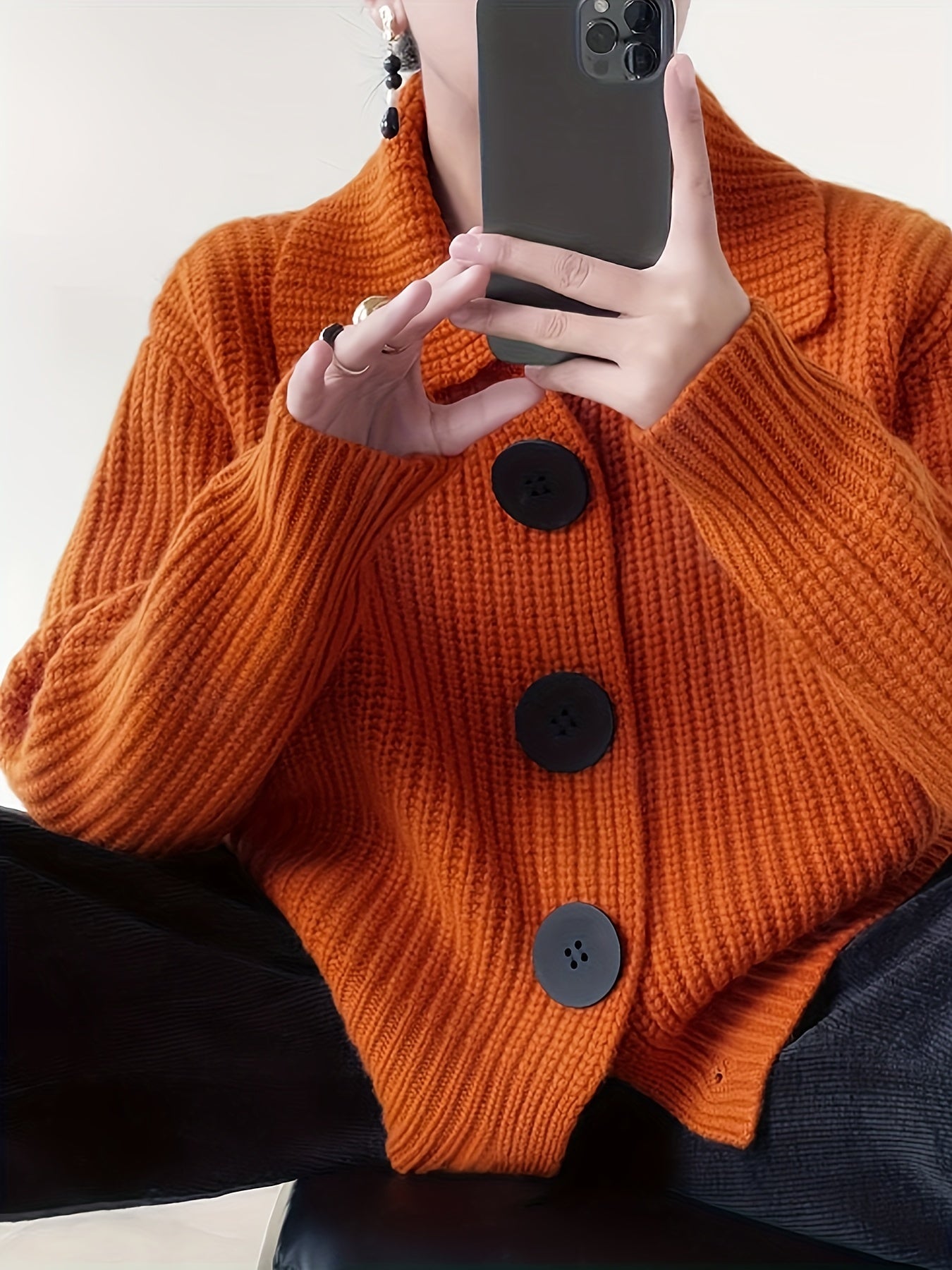 Sixsr Solid Button Down Knit Cardigan, Vintage Turndown Collar Long Sleeve Sweater, Women's Clothing