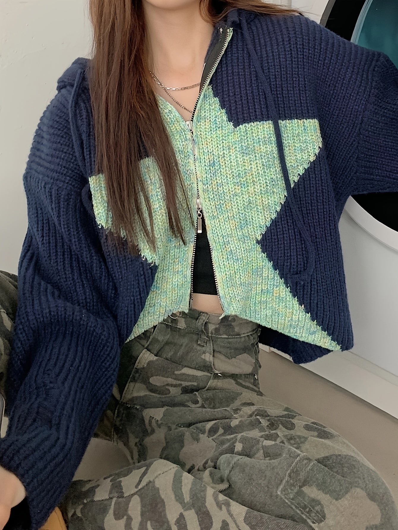 Sixsr Star Pattern Knit Drawstring Hooded Sweater, Casual Zip Up Long Sleeve Loose Sweater, Women's Clothing