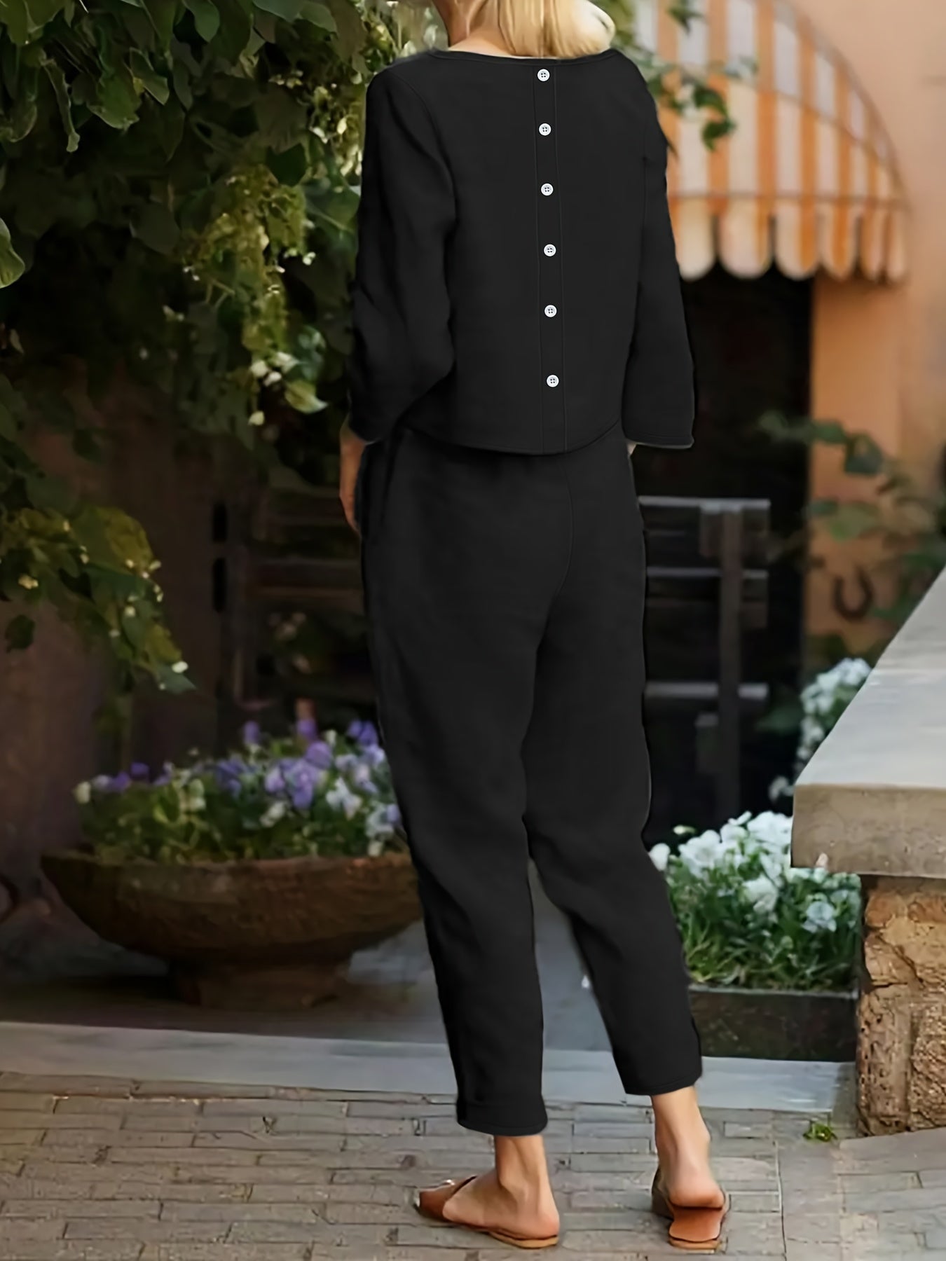 Sixsr Solid Casual Two-piece Set, Button Back Long Sleeve Tops & Knotted Wide Leg Pants Outfits, Women's Clothing