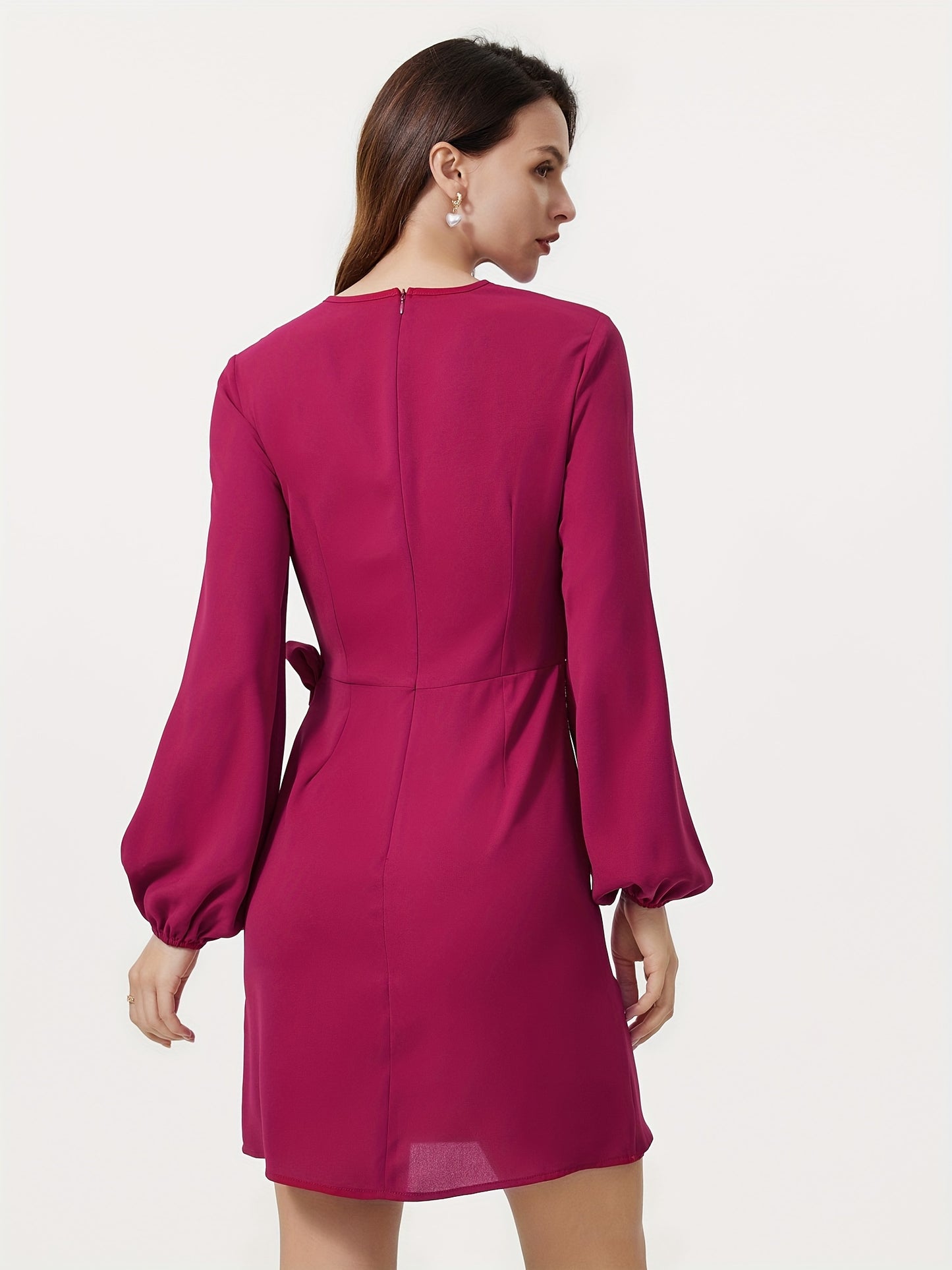 Sixsr Solid Knotted Bodycon Dress, Elegant Long Sleeve Crew Neck Mini Dress, Women's Clothing