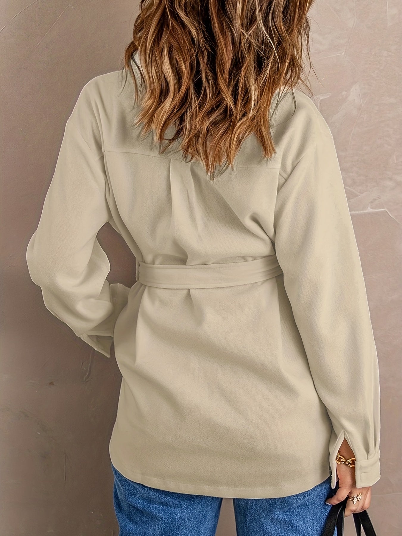 Sixsr Plus Size Casual Coat, Women's Plus Solid Button Up Long Sleeve Turn Down Collar Shacket With Belt