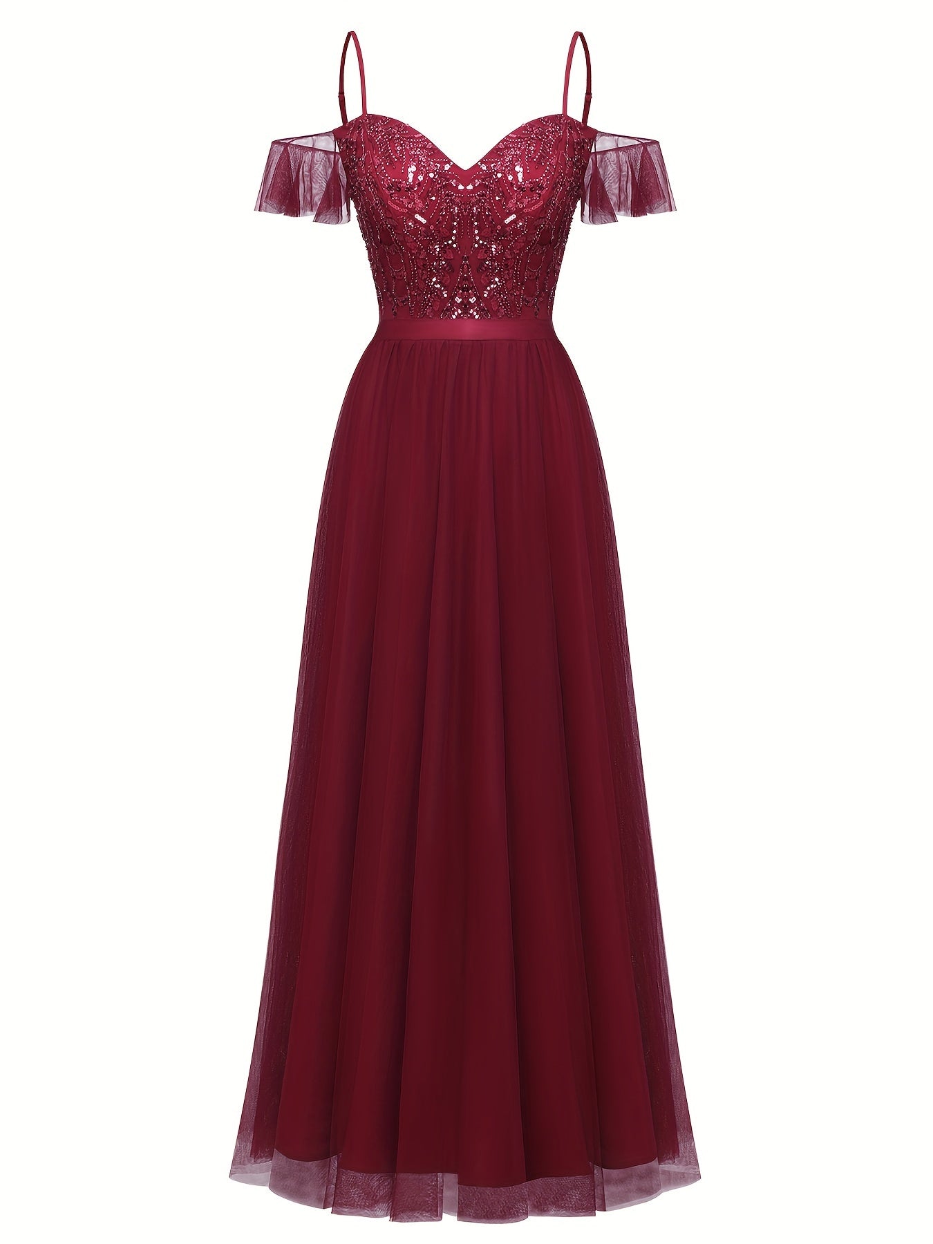 Sixsr Contrast Sequin Spaghetti Strap Bridesmaid Dres, Elegant Short Sleeve A-line Evening Dress For Party & Banquet, Women's Clothing