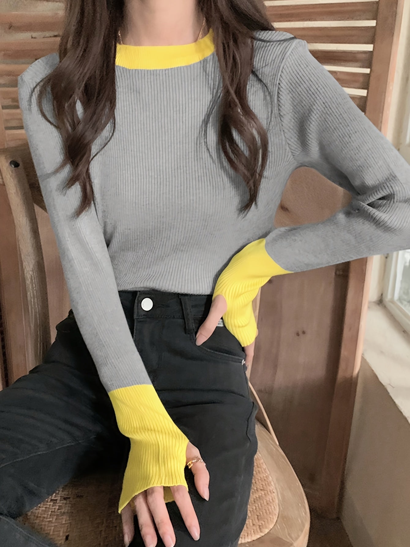 Sixsr Color Block Crew Neck Knitted Top, Casual Long Sleeve Slim Sweater, Women's Clothing