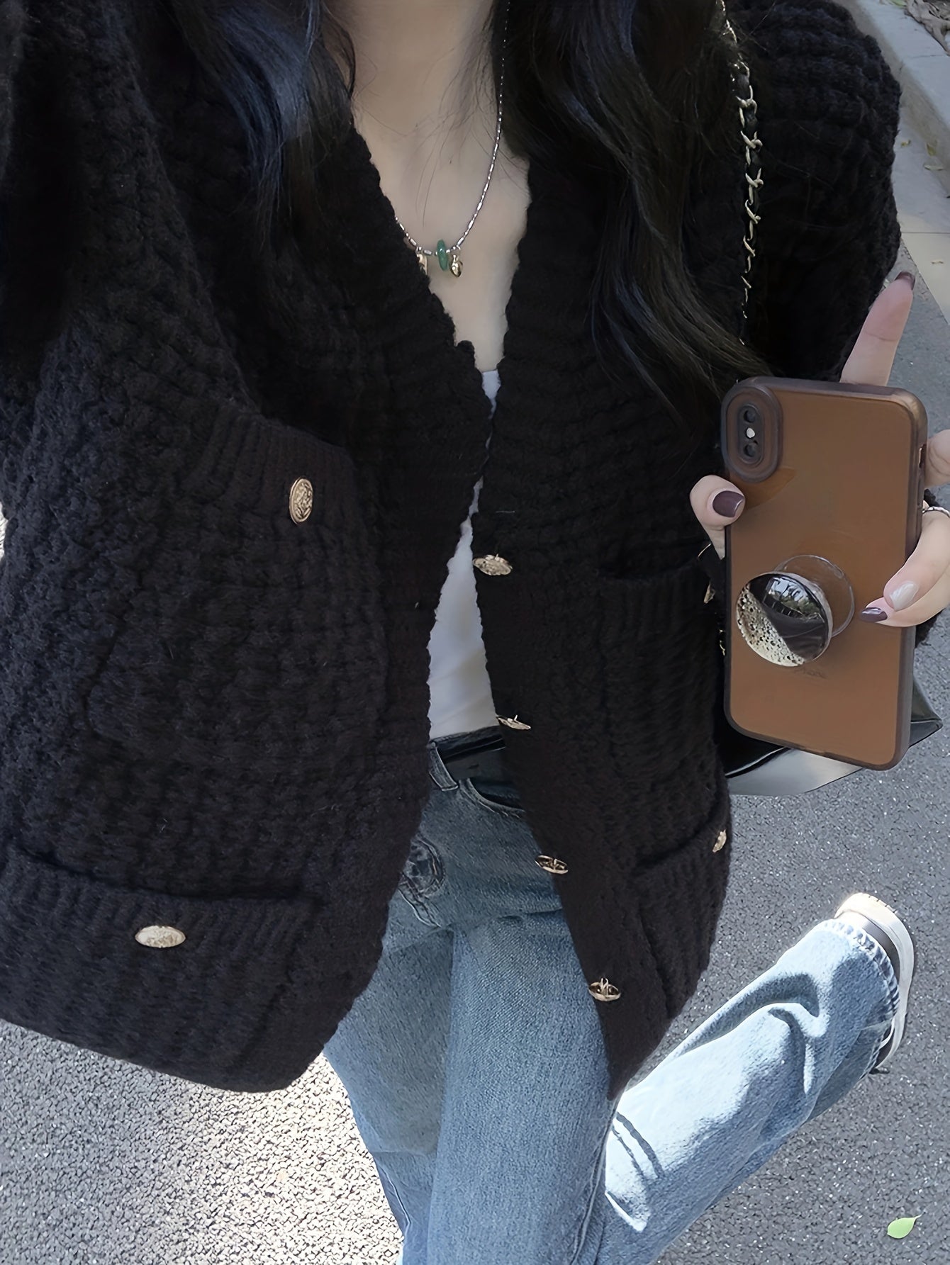 Sixsr Solid Button Down Chunky Knit Cardigan, Vintage Long Sleeve Sweater Coat With Pocket, Women's Clothing