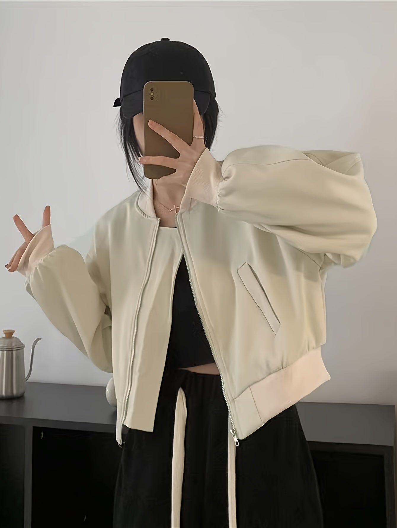 Sixsr Solid Zipper Pockets Bomber Jacket, Casual Long Sleeve Outwear For Fall & Winter, Women's Clothing
