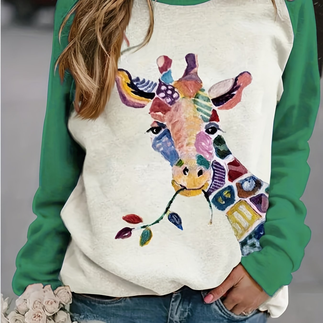 Sixsr Plus Size Casual Sweatshirt, Women's Plus Colorblock Giraffe Print Long Sleeve Round Neck Pullover Sweatshirt