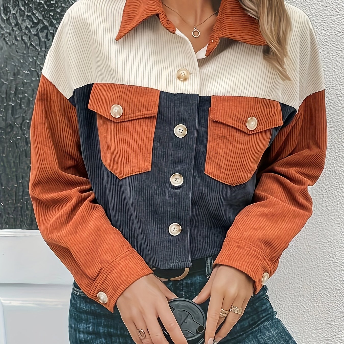 Sixsr Corduroy Color Block Button Front Jacket, Casual Long Sleeve Drop Shoulder Lapel Outwear For Spring & Fall, Women's Clothing