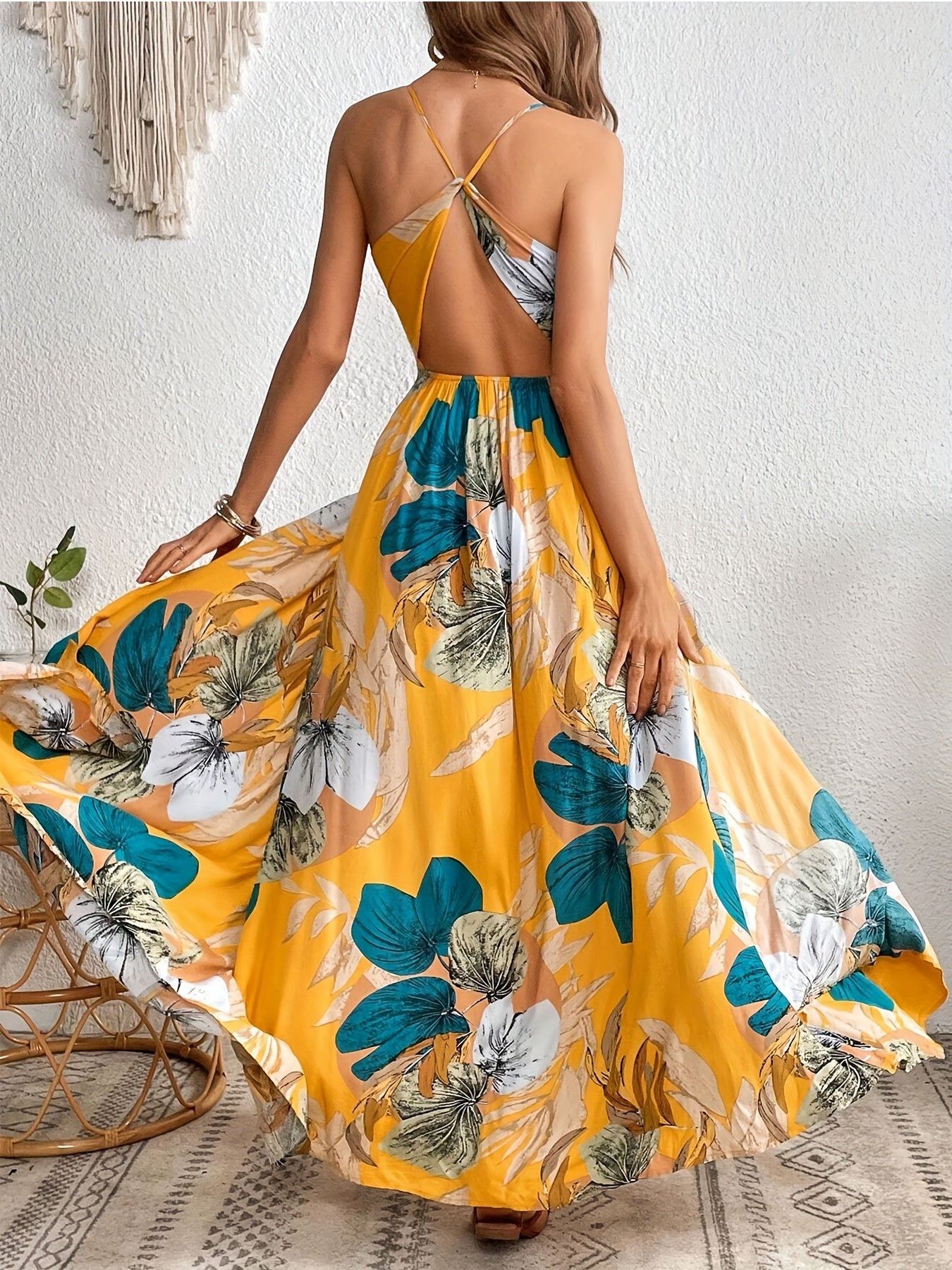Floral Print Split Thigh Backless Cami Dress, Elegant Sleeveless V-neck Dress, Women's Clothing