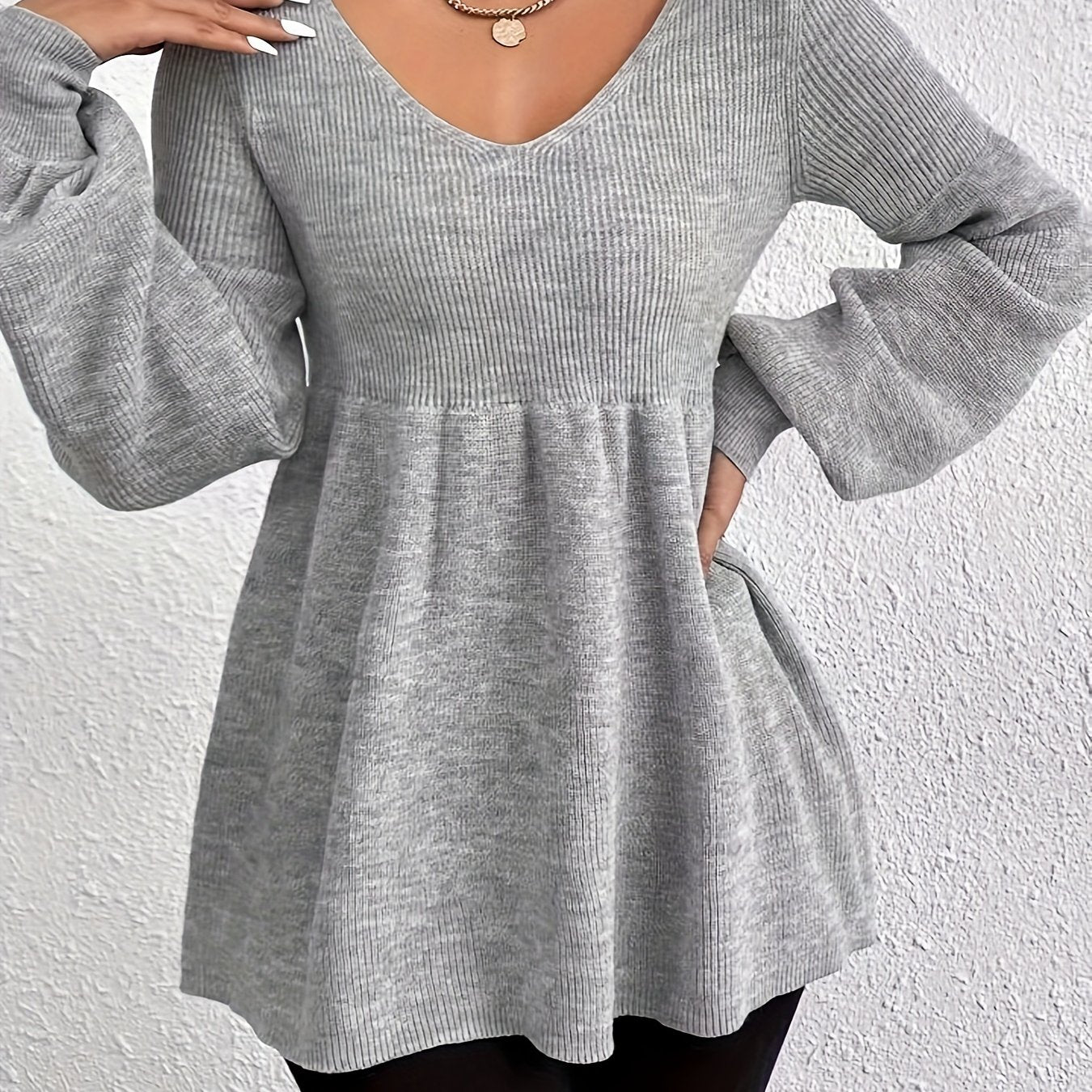 Sixsr Solid V Neck Pullover Sweater, Casual Long Sleeve Ruffle Hem Loose Sweater, Women's Clothing