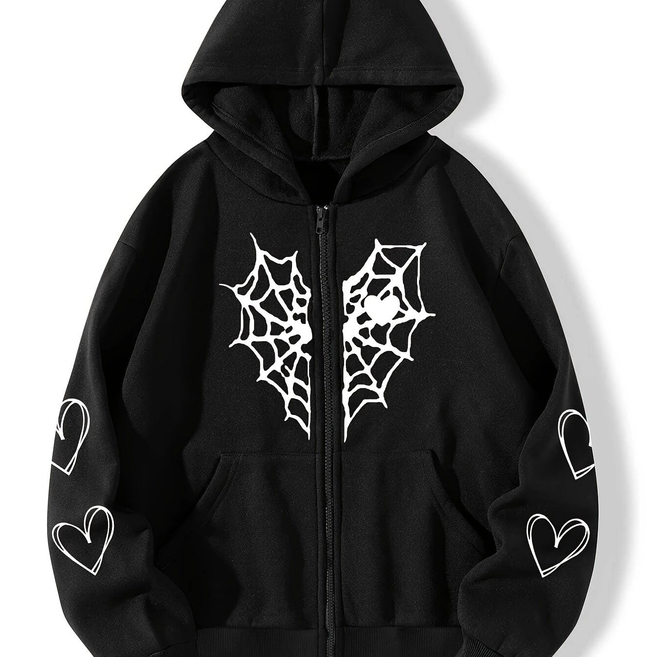 Sixsr Spider Web Heart-shaped Print Drawstring Loose Hoodies, Casual Zipper Hooded Pocket Fashion Long Sleeve Sweatshirt, Women's Clothing