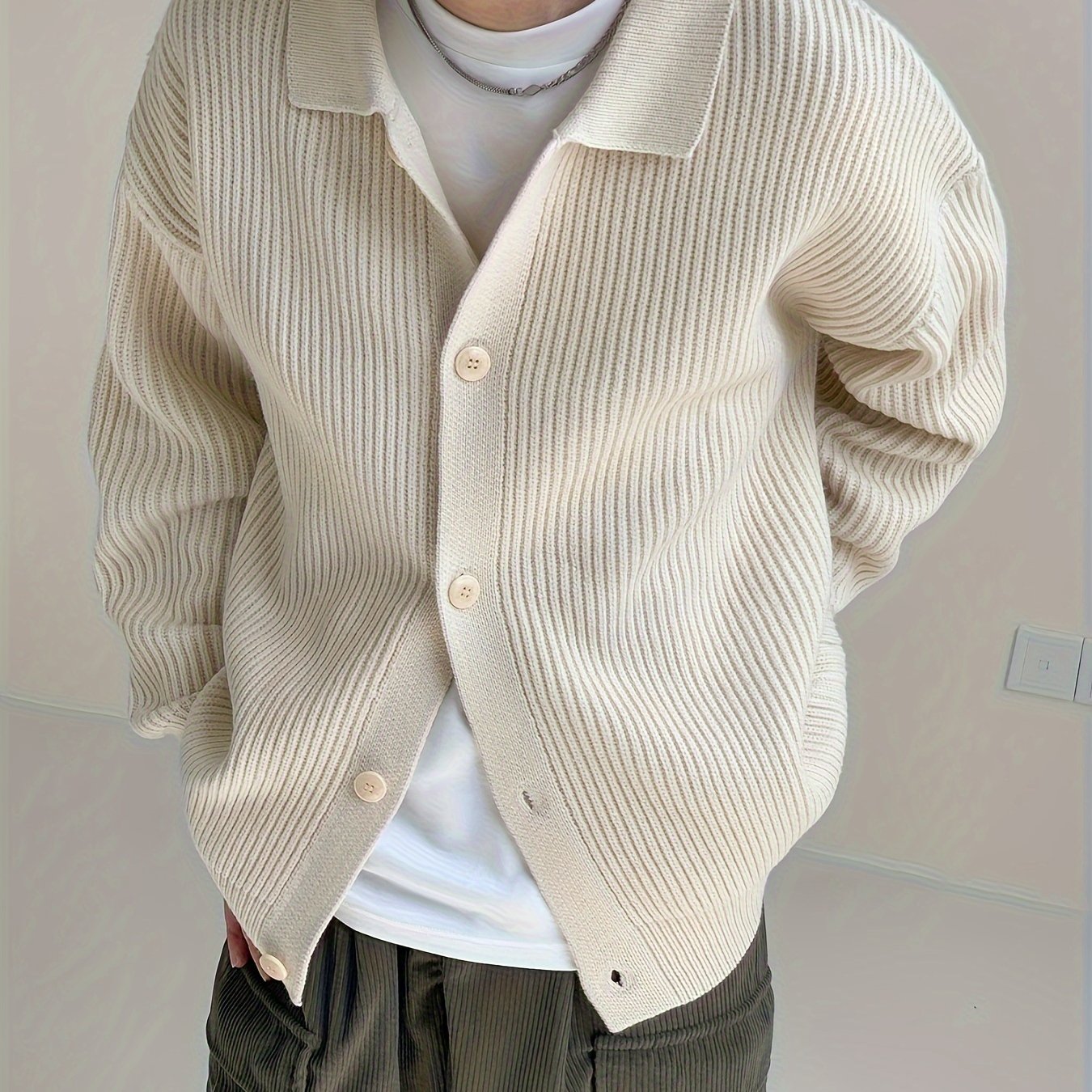 Sixsr Men's Stylish Solid Loose Knitted Cardigan, Casual Medium Stretch Breathable Long Sleeve Button Up Top For City Walk Street Hanging Outdoor Activities