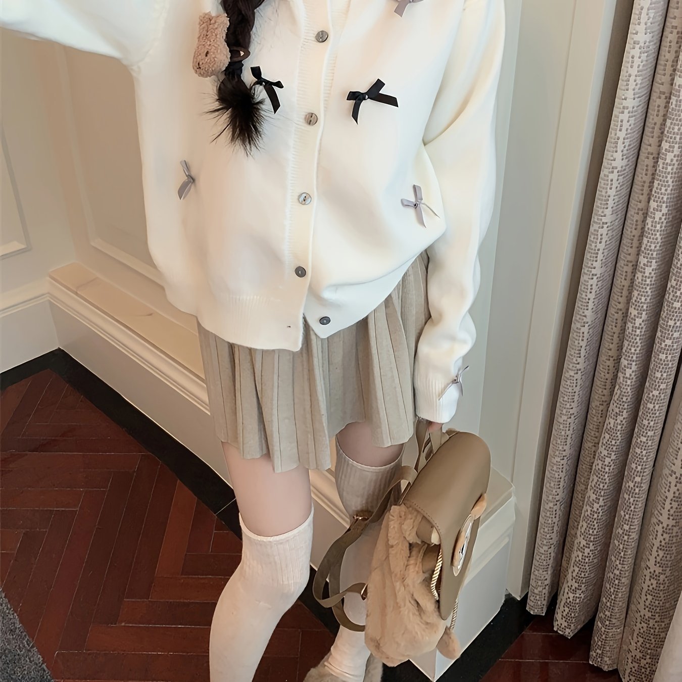 Sixsr Bow Decor Button Up Knit Cardigan, Casual Crew Neck Long Sleeve Sweater, Women's Clothing