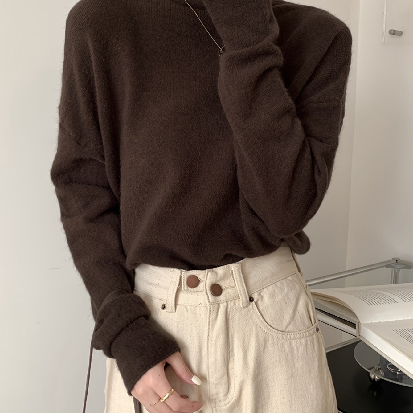 Sixsr Solid Turtle Neck Pullover Sweater, Casual Long Sleeve Versatile Inner Wear Sweater, Women's Clothing
